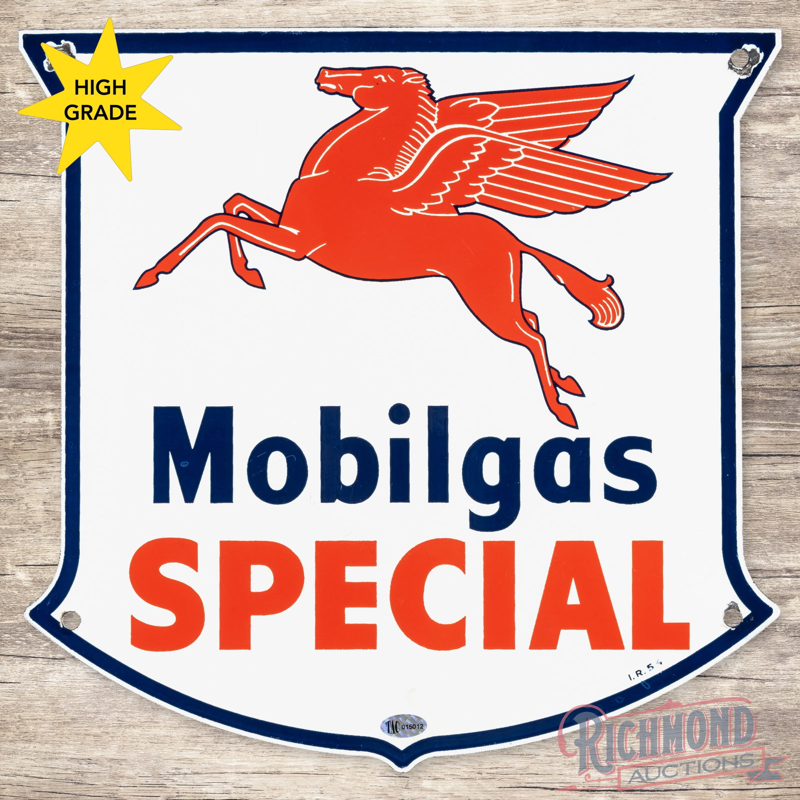 1954 Mobilgas Special Single Sided Porcelain Pump Plate Sign w/ Pegasus: SSP (single sided porcelain) pump plate has excellent color and gloss. The field is very clean overall with minor surface imperfections. The perimeter has at the upper and lower right mounting holes. 