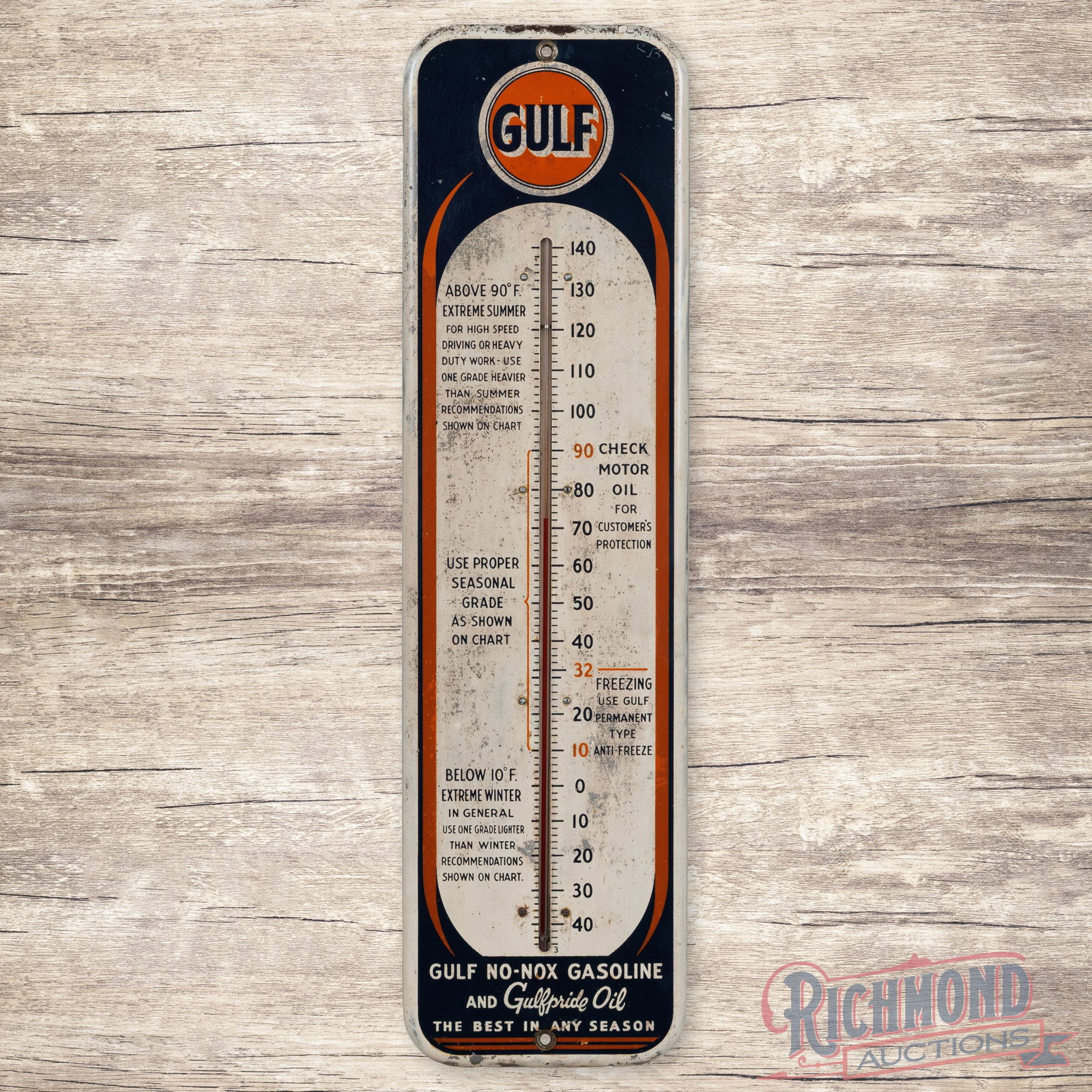 Gulf No-Nox Gasoline & Gulfpride Motor Oil 27" Single Sided Tin Thermometer w/ Logo: SST (single sided tin) thermometer has good color and shine. The tube is present and works properly. The fields have wear with fine scratches, oxidation and paint loss. The perimeter has larger paint 