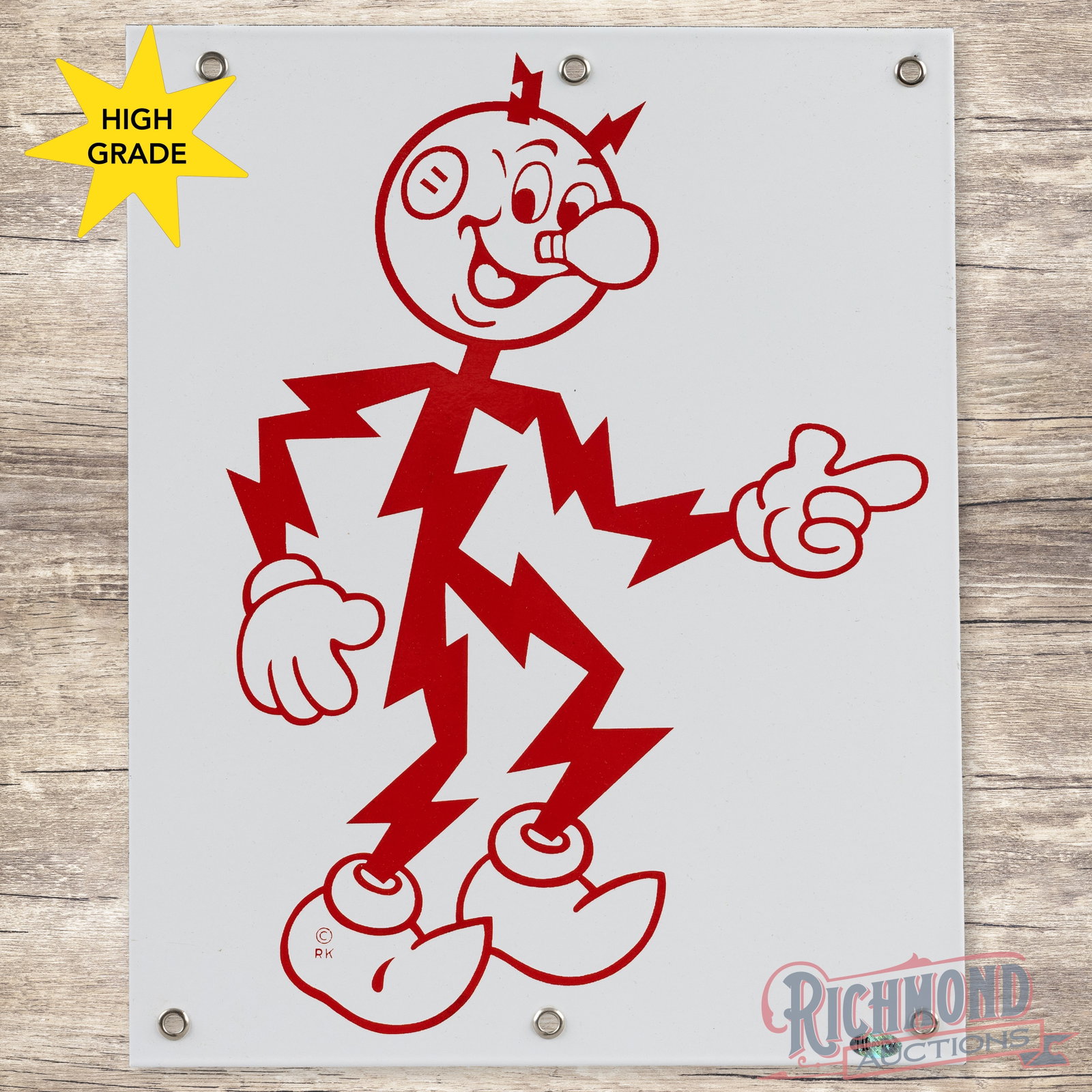 Reddy Kilowatt 15" Single Sided Porcelain Logo Sign: SSP (single sided porcelain) sign has day one color and gloss. The field is clean. The perimeter has minor surface imperfections along the outer edges. All six factory grommets are present and the sig