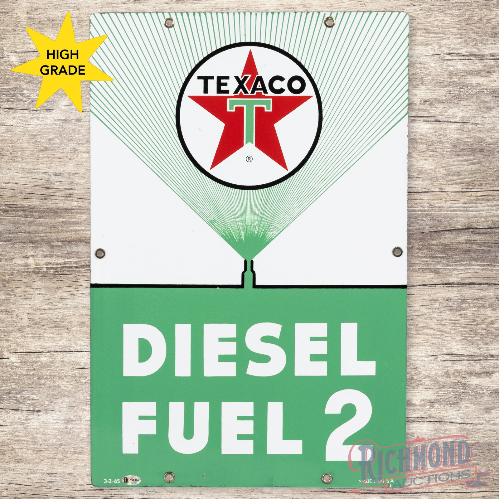 1965 Texaco Diesel Fuel 2 Single Sided Porcelain Pump Plate Sign: SSP (single sided porcelain) pump plate has excellent color and gloss. The display has minor surface imperfections with a tiny flea bite on the edge of the black line above the "E" in Diesel. The peri
