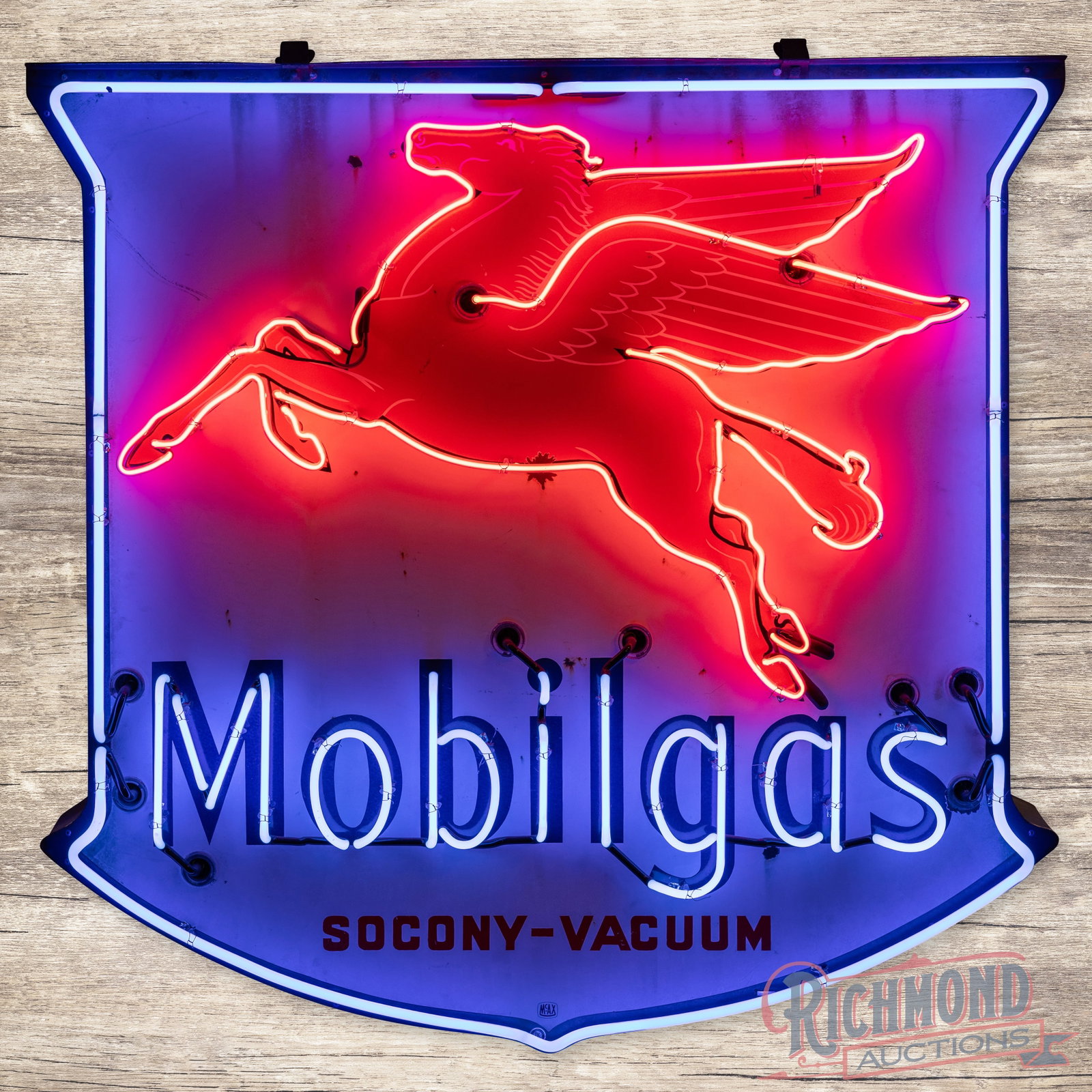 Mobilgas Socony Vacuum 56" Single Sided Porcelain Neon Sign w/ Pegasus: SSP (single sided porcelain) sign with added neon and a metal can has good color and gloss. The sign features vibrant two-color neon. The display has surface wear with chips, marks and areas of discol