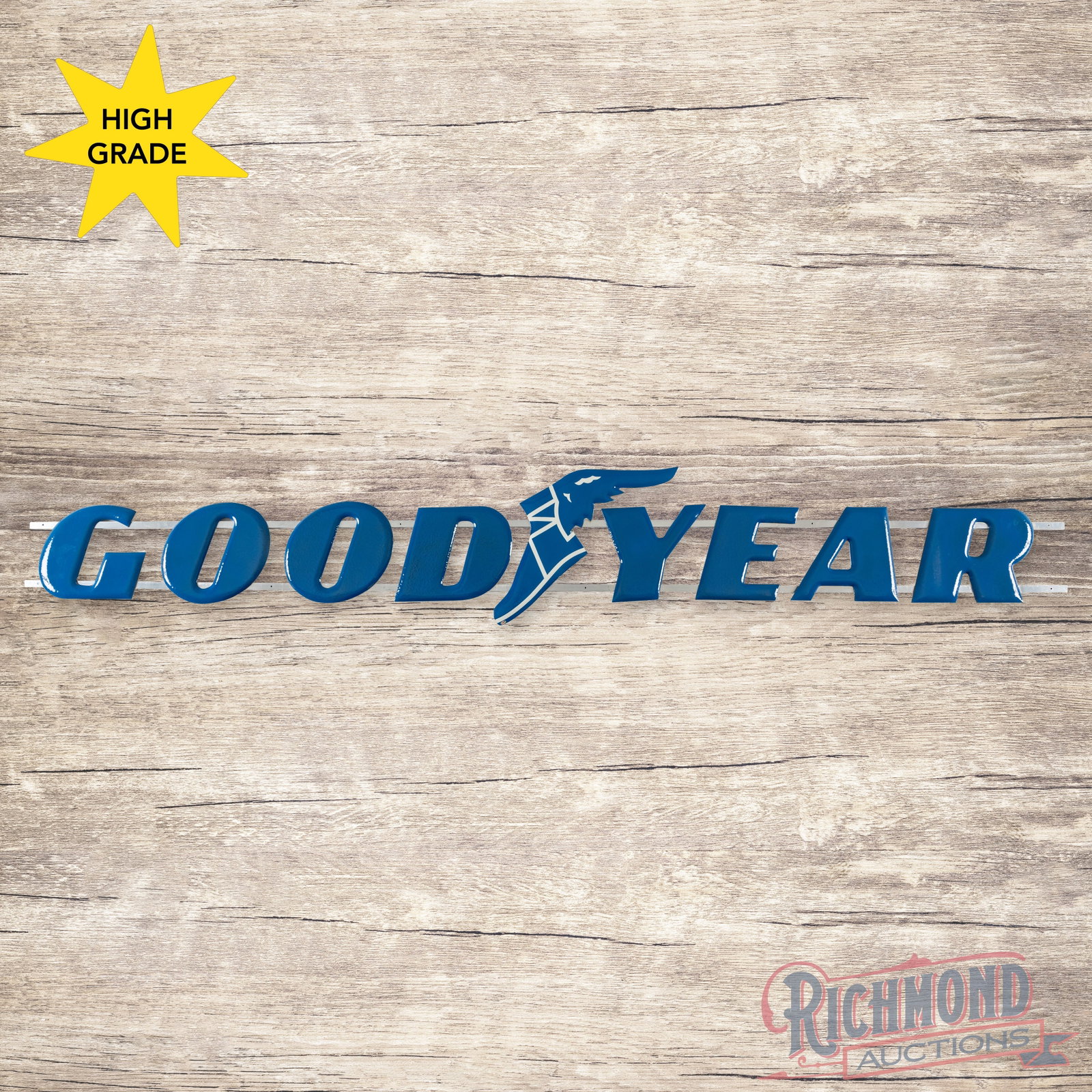 Goodyear Tires Single Sided Porcelain Convex Letter Sign w/ Wingfoot: SSP (single sided porcelain) convex letter sign with Wingfoot mounted on metal channels have excellent color and gloss. The letters and Wingfoot have clean fields with small chips along the outer edge