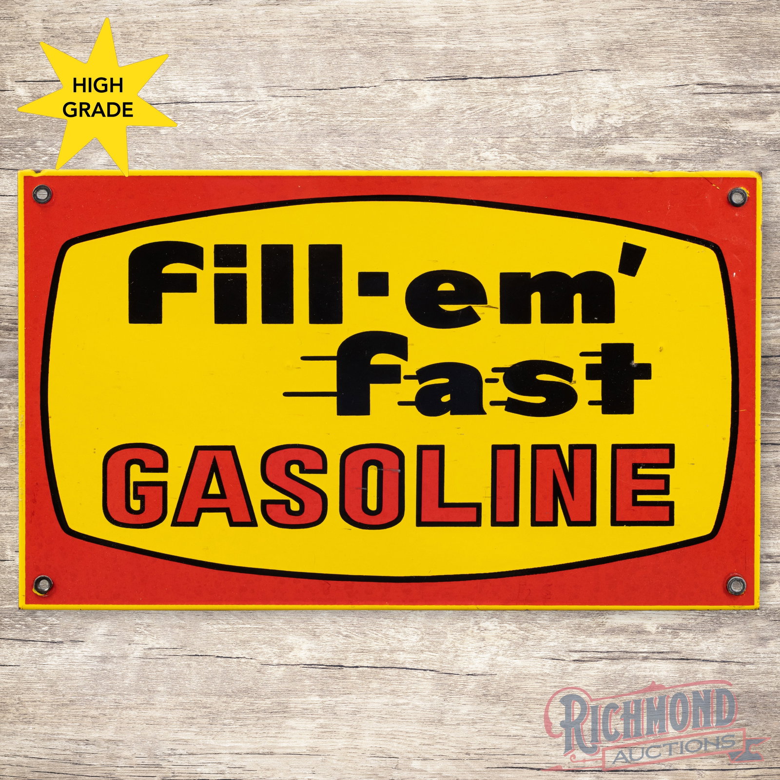 Fill Em' Fast Gasoline Single Sided Porcelain Pump Plate Sign: SSP (single sided porcelain) sign has excellent color and gloss. The field has light wear with marks. The perimeter has tiny chips along the outer edges. All four factory grommets are present. Overall