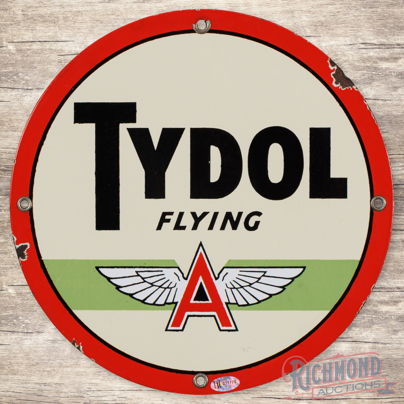 Tydol Flying A Gasoline Single Sided Porcelain Pump Plate Sign w/ Logo (1 of 3)