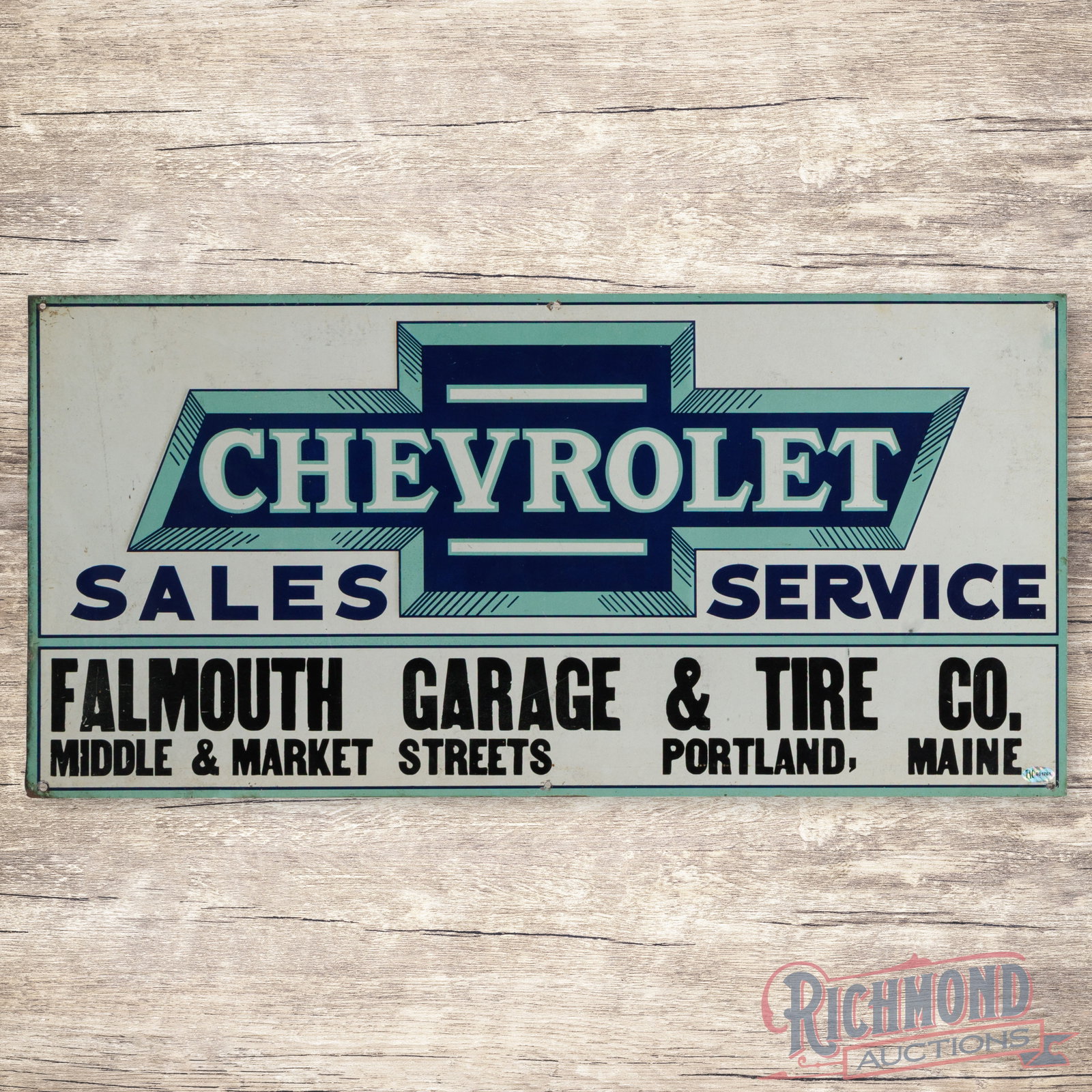 Chevrolet Sales Service Falmouth Garage & Tire Co Emb Single Sided Tin Sign w/ Bowtie Portland Maine (1 of 4)