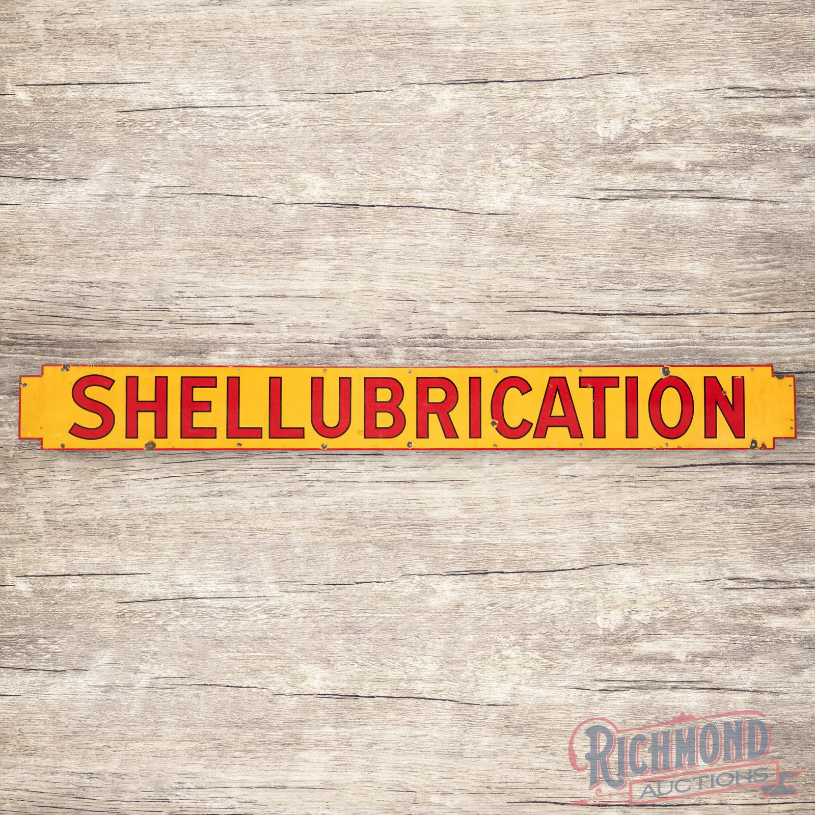 Shell Shellubrication Die Cut 9' Single Sided Porcelain Service Station Sign: SSP (single sided porcelain) die cut sign has good color and moderate gloss. The field has light wear with chips and faint cloudiness. The perimeter has small areas of discoloration with chips at the 