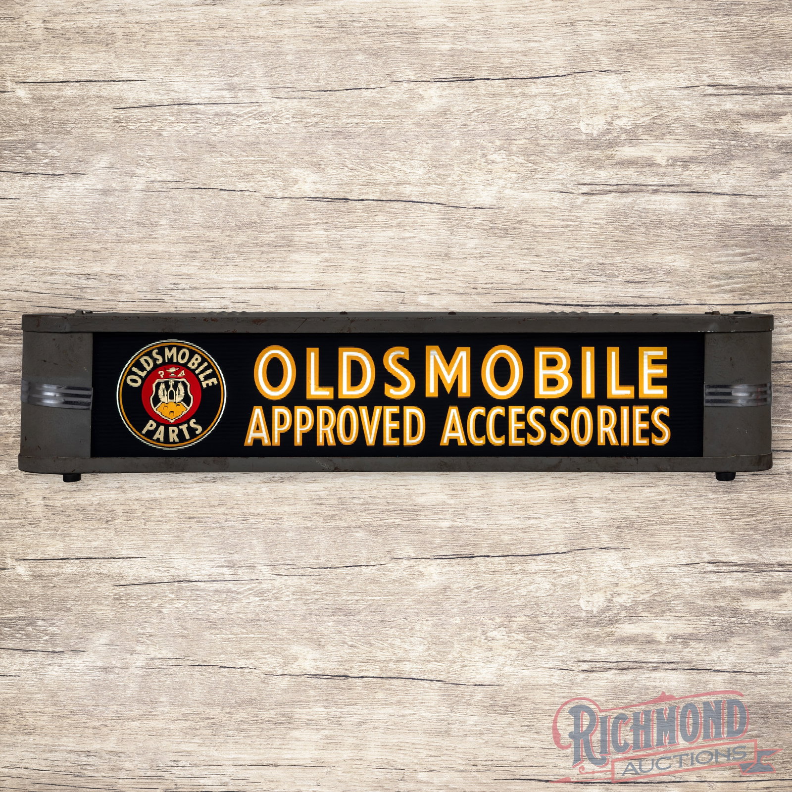 Oldsmobile Parts Approved Accessories Lighted Glass Advertising Sign: Reverse on glass sign with the metal can works properly. The ribbed glass face has been replaced and is in excellent condition. The metal can has light age-related wear throughout and a factory Ohio A