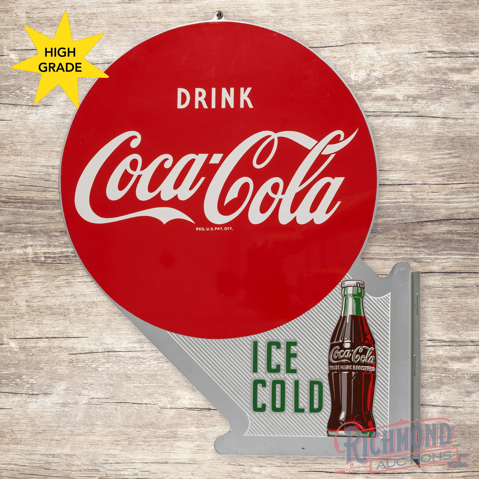 1953 Drink Coca Cola Ice Cold Double Sided Tin Flange Sign w/ Bottle: DST (double sided tin) flange has excellent color and shine. Side #1 is exceptionally clean with minor surface imperfections and light perimeter wear. The reverse has slightly more wear than the displ