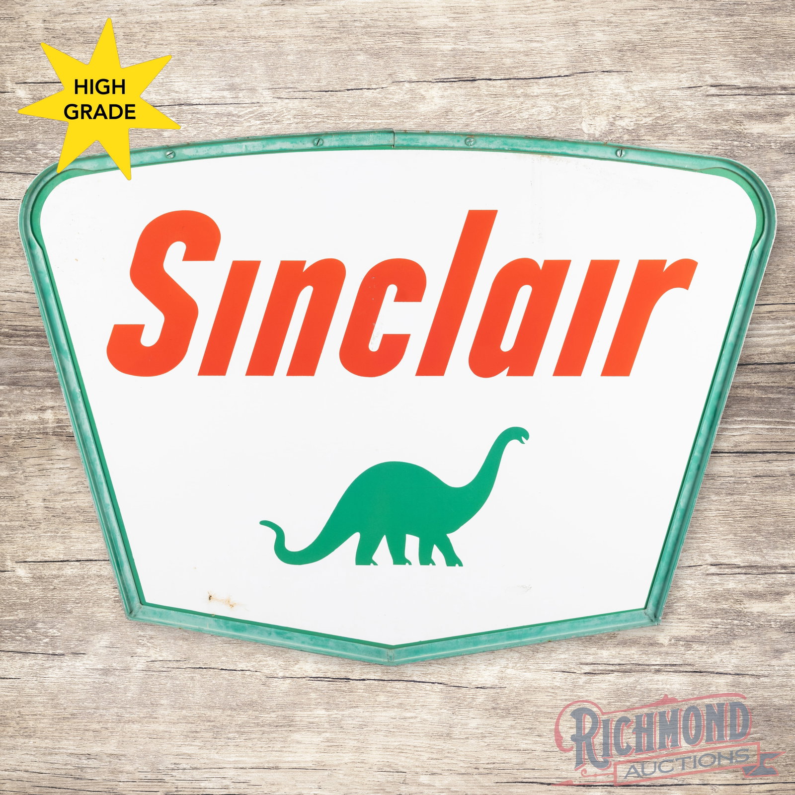 Sinclair Gasoline 5' Double Sided Porcelain ID Logo Sign w/ Ring: DSP (double sided porcelain) sign with the original ring has excellent color and gloss. The display has light wear with a slight indentation with chip and crazing near the lower left edge. The reverse