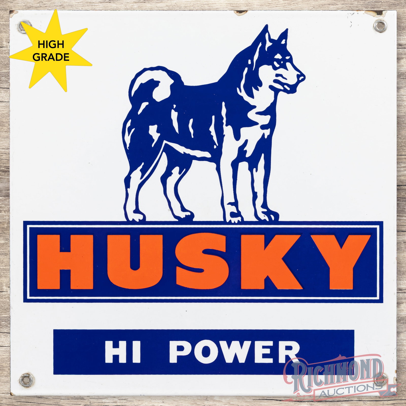 Husky Hi Power Gasoline Single Sided Porcelain Pump Plate Sign: SSP (single sided porcelain) pump sign has excellent color and gloss. The fields are clean with a few minor surface marks. The perimeter has light wear at the mounting holes with chips along the outer