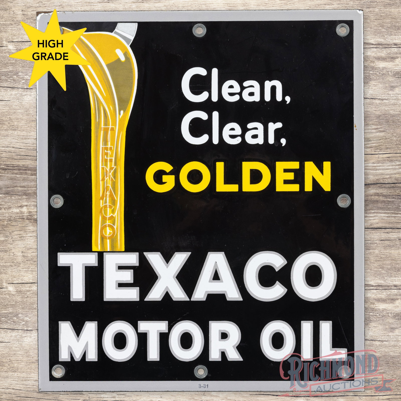 Texaco Motor Oil Clean Clear Golden Single Sided Porcelain Sign "Oil Pouring": SSP (single sided porcelain) sign has excellent color and gloss. The display is very clean overall with minor marks and light fine scratches in the outer fields. The perimeter has minor chips along th