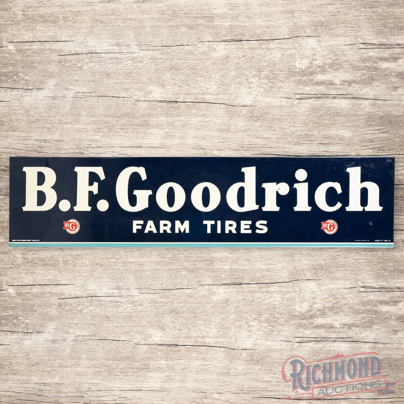 1947 B.F. Goodrich Farm Tires 6' Single Sided Tin Sign w/ Logos: SST (single sided tin) rolled-edge sign has excellent color and shine. The field has faint paper marks, light wear and a paint chip in the "R" of Goodrich. The perimeter has a few minor bends along th