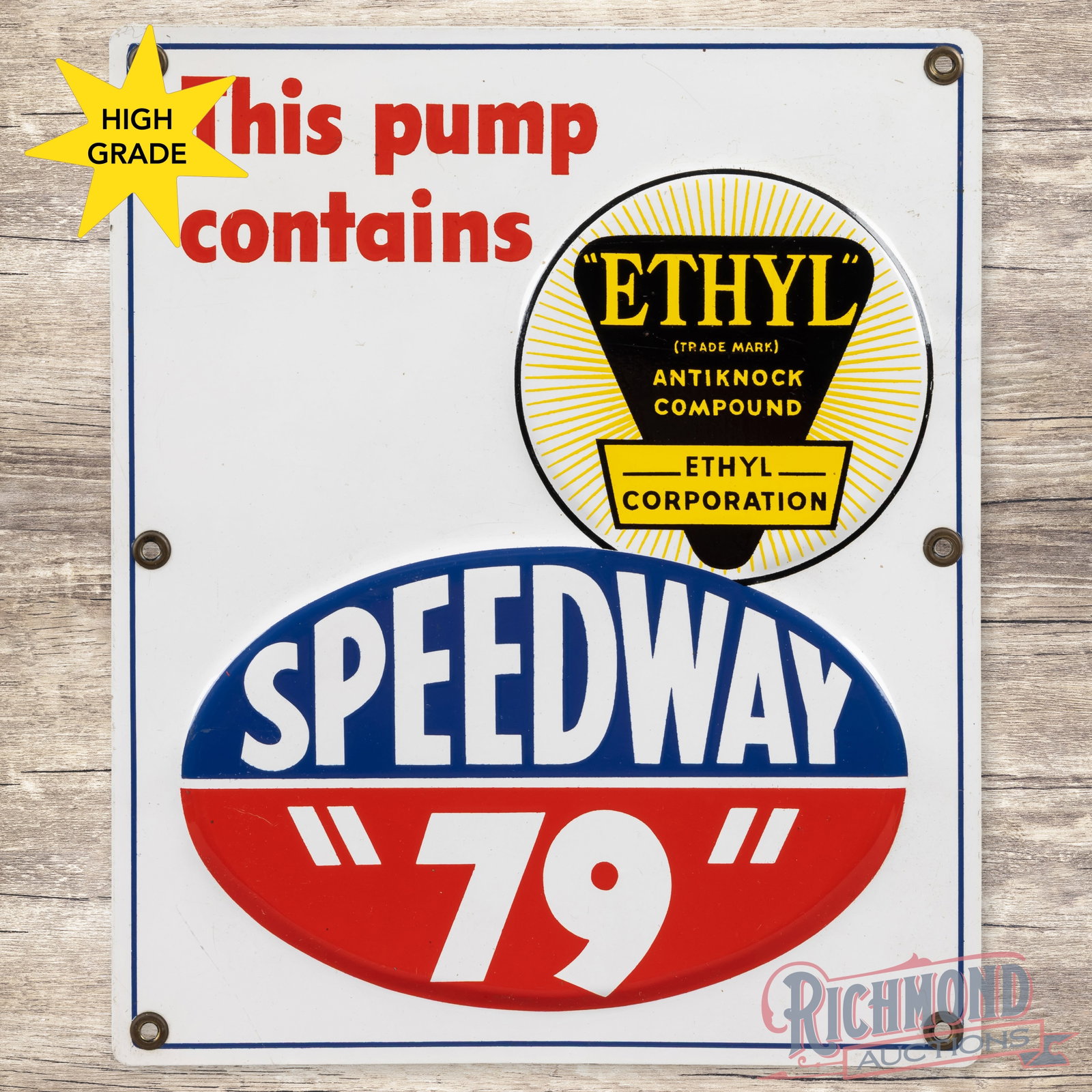 Speedway 79 Ethyl Gasoline Emb. Single Sided Tin Pump Plate Sign: SST (single sided tin) embossed pump sign has excellent color and shine. The field is very clean overall with minor surface imperfections in the outer fields. The perimeter has a few tiny paint chips 