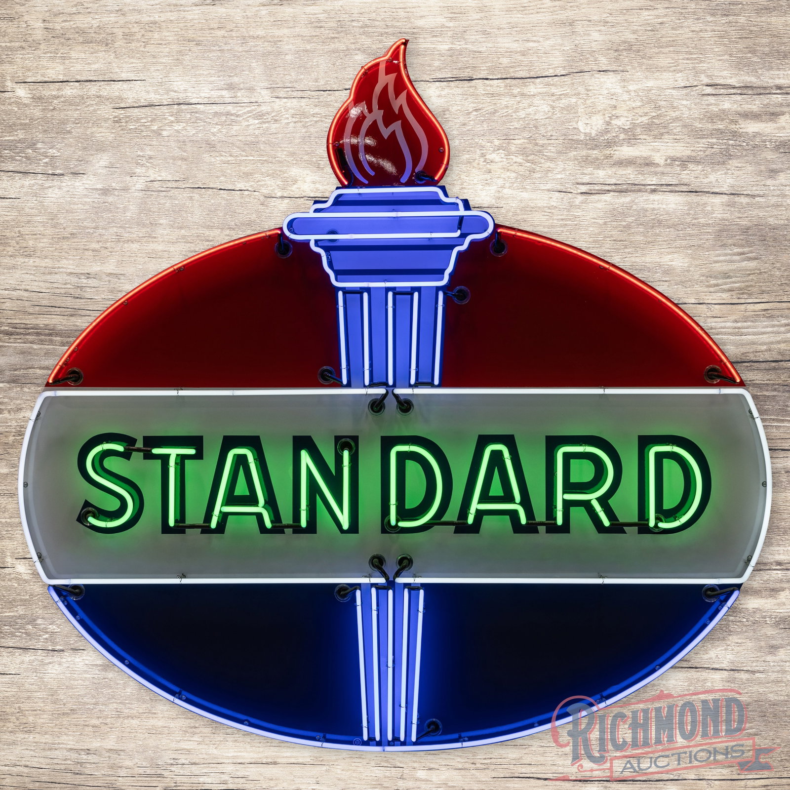 Standard Gasoline 7' Die Cut Single Sided Porcelain Neon Sign w/ Flame: SSP (single sided porcelain) die cut sign with added neon and a new metal can has excellent color and gloss. The display has areas of professional color match with an added clear coat to enhance the f