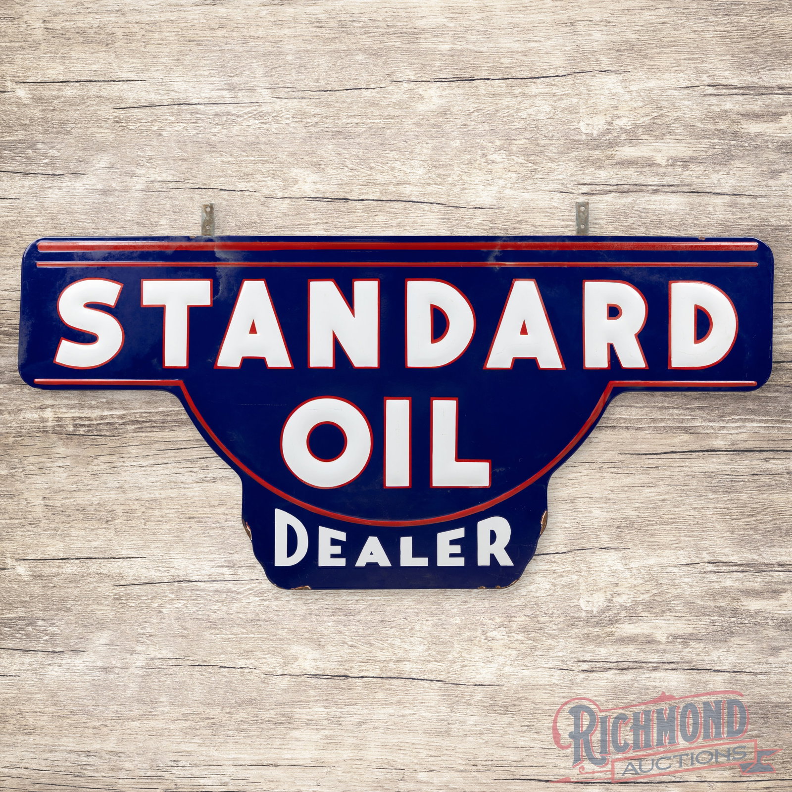 Standard Oil Dealer 7' Emb. Double Sided Porcelain ID Sign: DSP (double sided porcelain) sign consists of two embossed die cut SSP (single sided porcelain) signs mounted back to back. The display has light surface wear to the lettering with areas of cloudiness