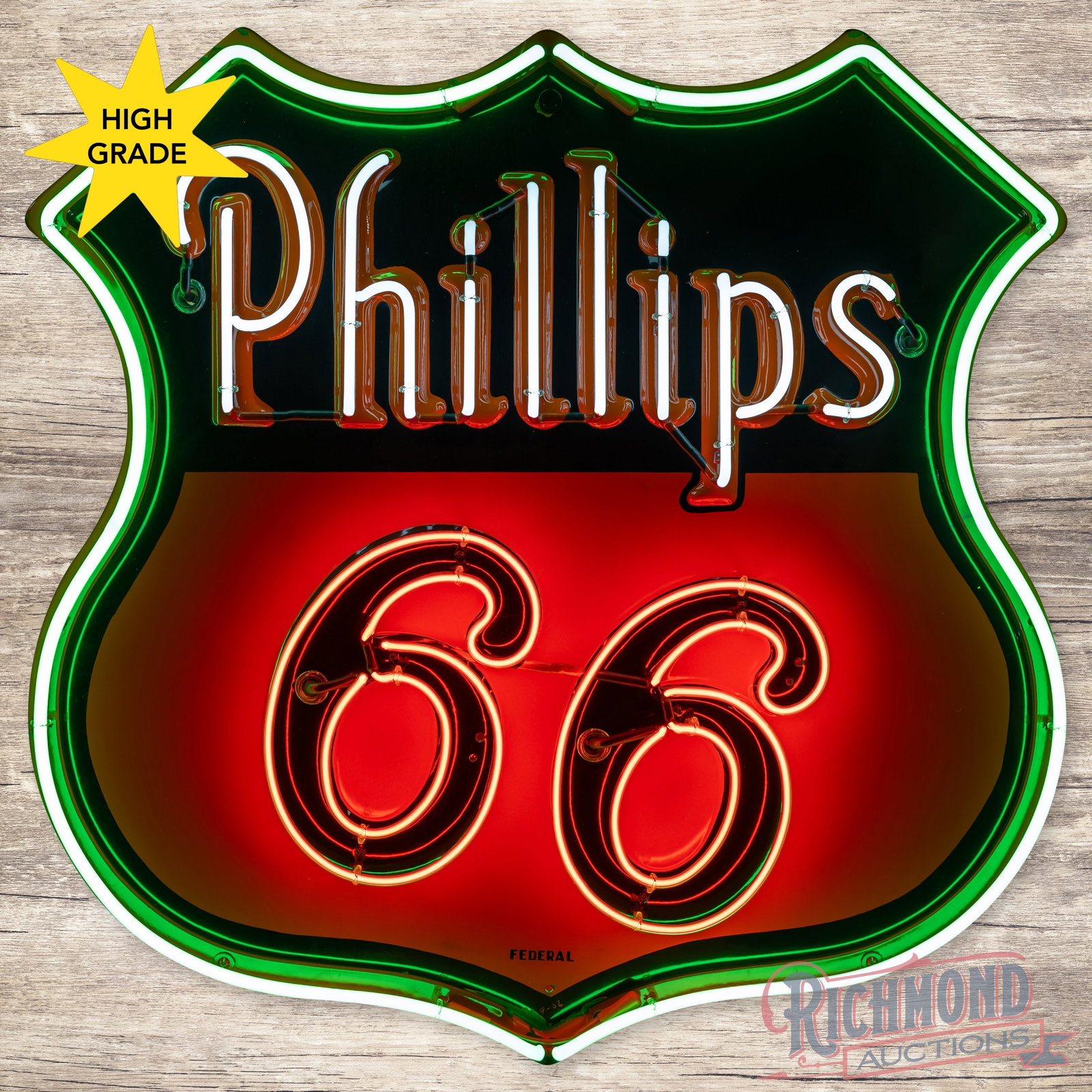 Phillips 66 48" Emb. Single Sided Porcelain Factory Neon Sign: SSP (single sided porcelain) embossed factory neon sign with a metal can has excellent color and gloss. The sign features vibrant three-color neon. The field is clean. The perimeter has small chips at