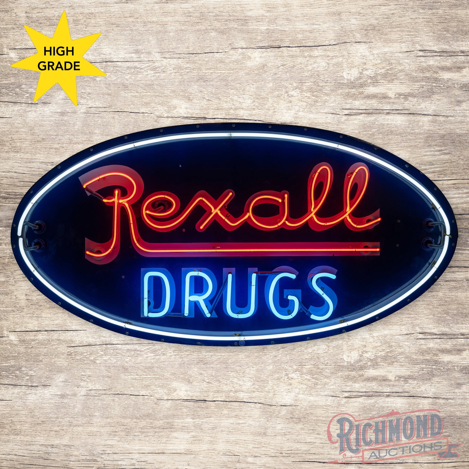 Rexall Drug 6' Double Sided Porcelain Factory Neon Sign: DSP (double sided porcelain) factory neon sign with the original metal can has excellent color and gloss. The display has a clean field and perimeter. The reverse has a small chip at the edge of a neo