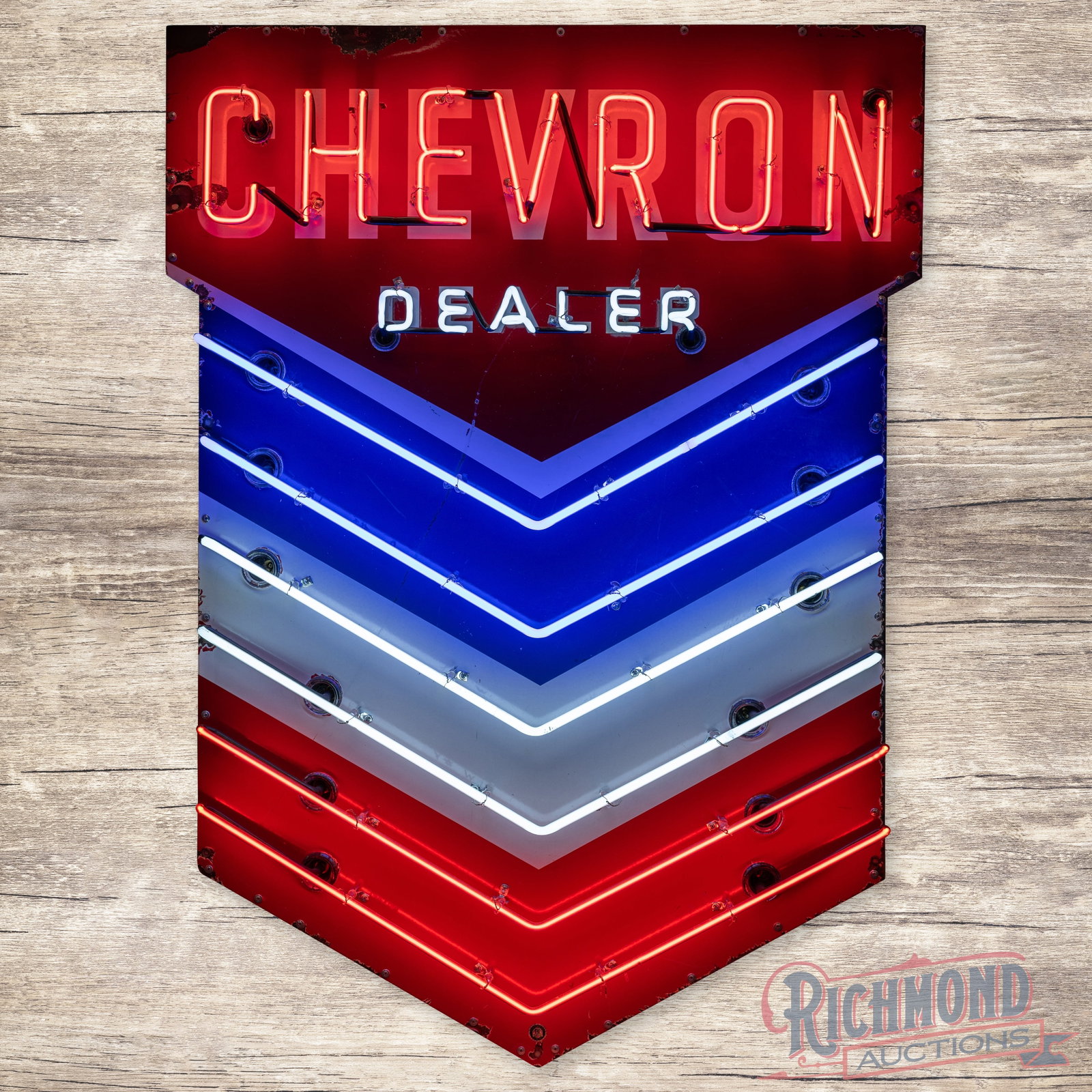 Chevron Gasoline 4.5' Single Sided Porcelain Neon Sign w/ Hallmark: SSP (single sided porcelain) die cut sign with added neon and a metal can has very good color and gloss. The sign features brilliant three-color neon with flashing "Chevron Dealer" lettering in the up