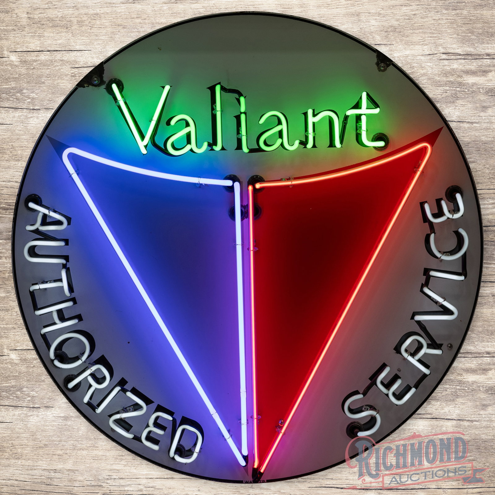 Valiant Authorized Service 42" Single Sided Porcelain Neon Sign w/ Logo: SSP (single sided porcelain) sign with added neon and a metal can has excellent color and gloss. The sign features vibrant four-color neon. The display has a few tiny chips with an unused added stand 