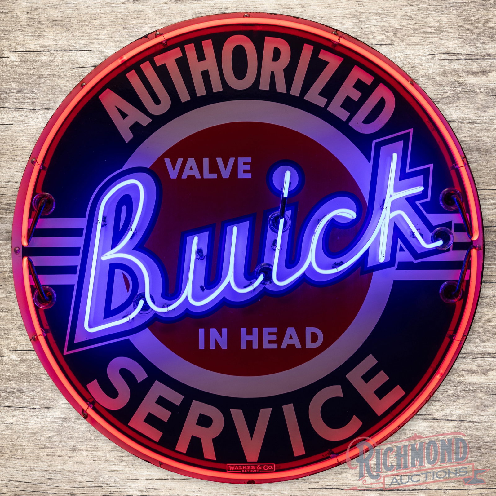 Buick Valve in Head Authorized Service 42" Single Sided Porcelain Factory Neon Sign: SSP (single sided porcelain) factory neon sign with a metal can has excellent color and gloss. The sign features brilliant two-color neon. The display is exceptionally clean with one small chip in the