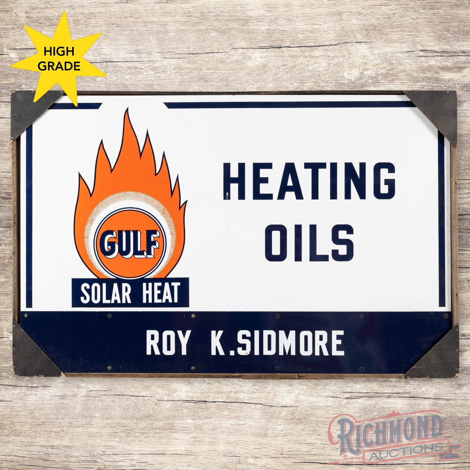 NOS Gulf Solar Heat Heating Oils Roy K. Sidmore w/ Wooden Crate: NOS (new old stock) SSP (single sided porcelain) rolled edge sign with the original wooden crate has outstanding color and gloss. The display has a clean field with tiny chips along the outer edges. T