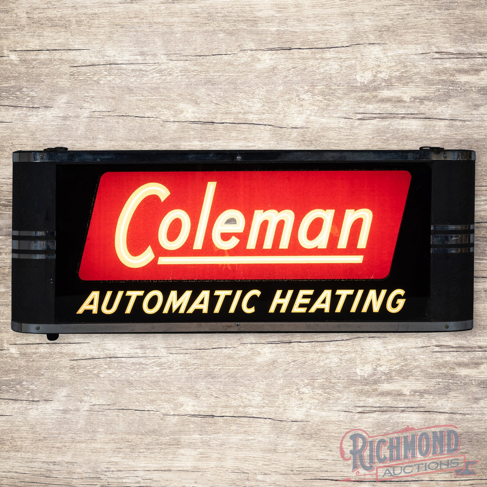 Coleman Automatic Heating Lighted Glass Advertising Sign: Reverse on glass internally lighted sign with a metal can works properly. The glass face has good color with slight fading and areas of discoloration in the fields. The metal can is in excellent condi