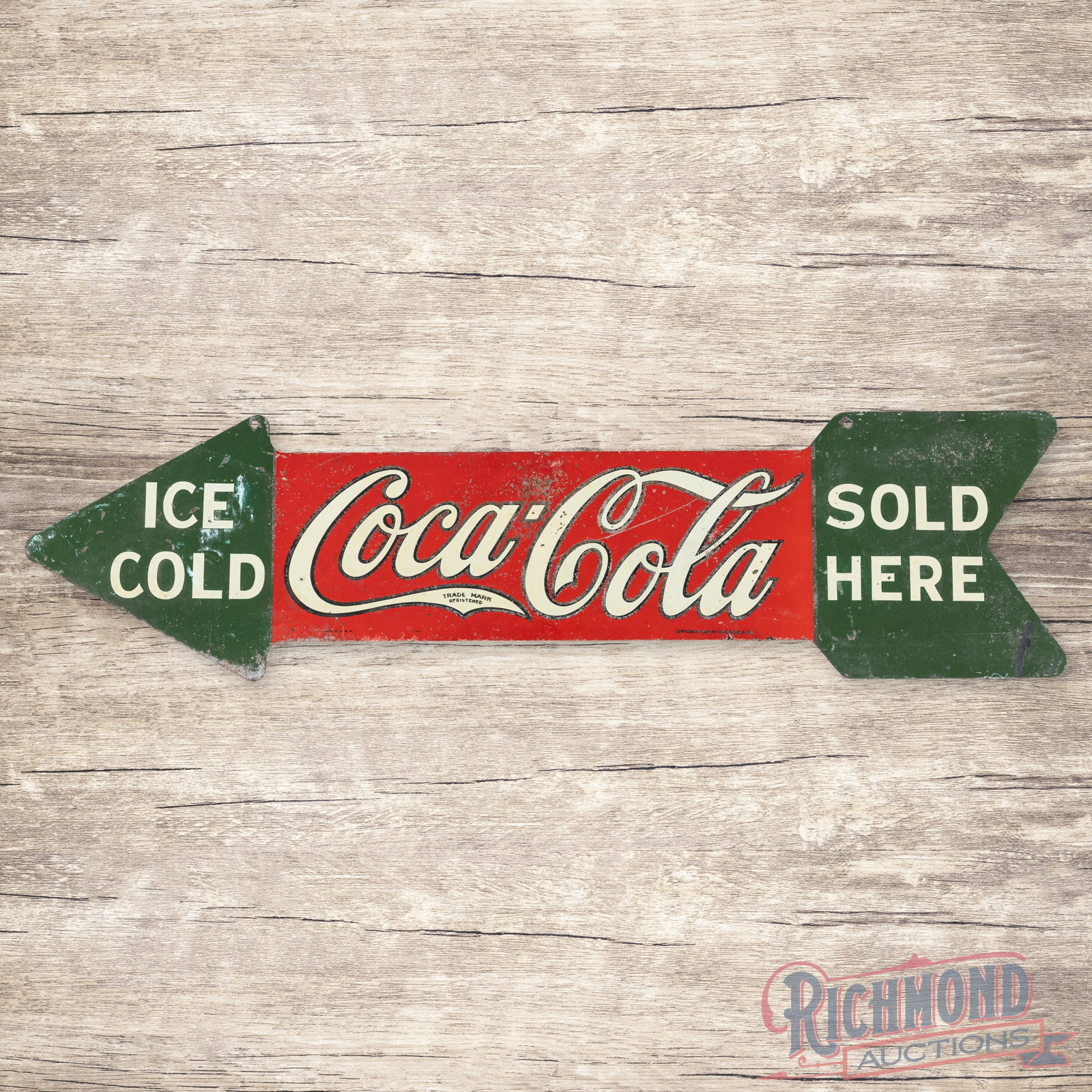 Coca Cola Ice Cold Sold here Die Cut Double Sided Tin Arrow Sign: DST (double sided tin) die cut arrow sign has good color and shine. The display has general wear with scratches and paint chips in the fields. The outer fields and edges have wash, oxidation and a min
