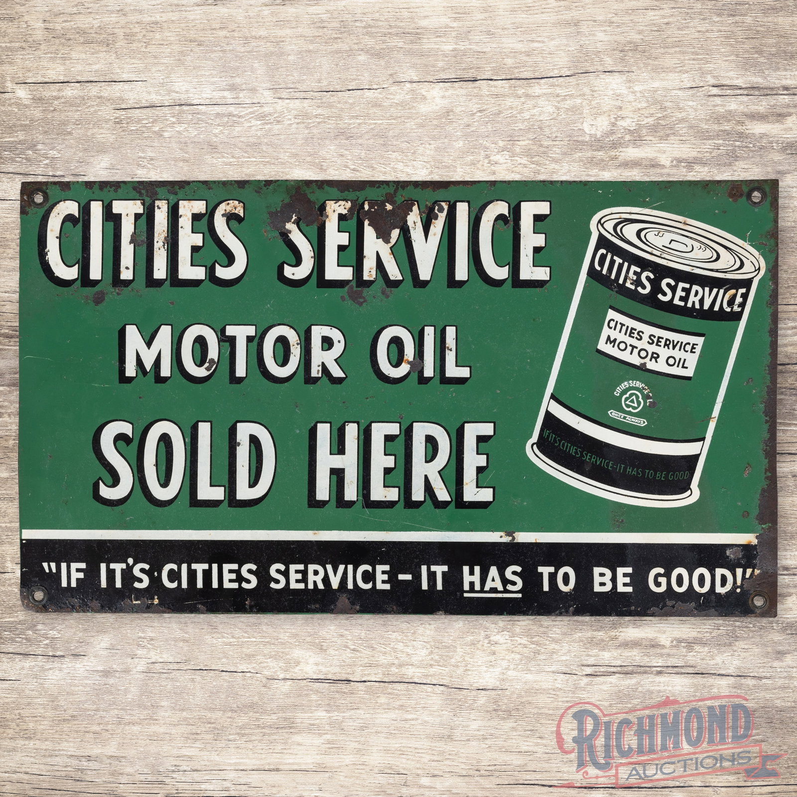 Cities Service Motor Oil Sold Here Double Sided Tin Sign w/ Quart Can: DST (double sided tin) sign has good color. The display has surface wear with slight fading and paint chips. The perimeter has larger paint chips, bends and oxidation. The reverse has heavy wear throu