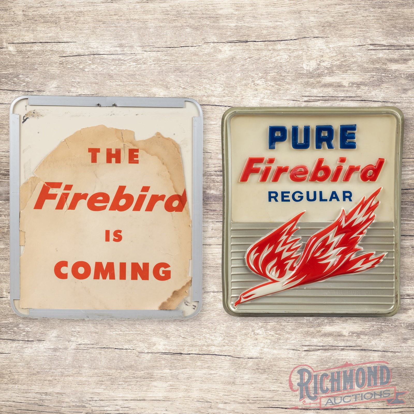 Pure Firebird Regular Gasoline Emb. Plastic Pump Plate w/ Logo: Single sided embossed plastic pump sign with dualite backing plastic has good color. The display has small paint chips and light wear. The perimeter has light surface wear with minor discoloration. Th