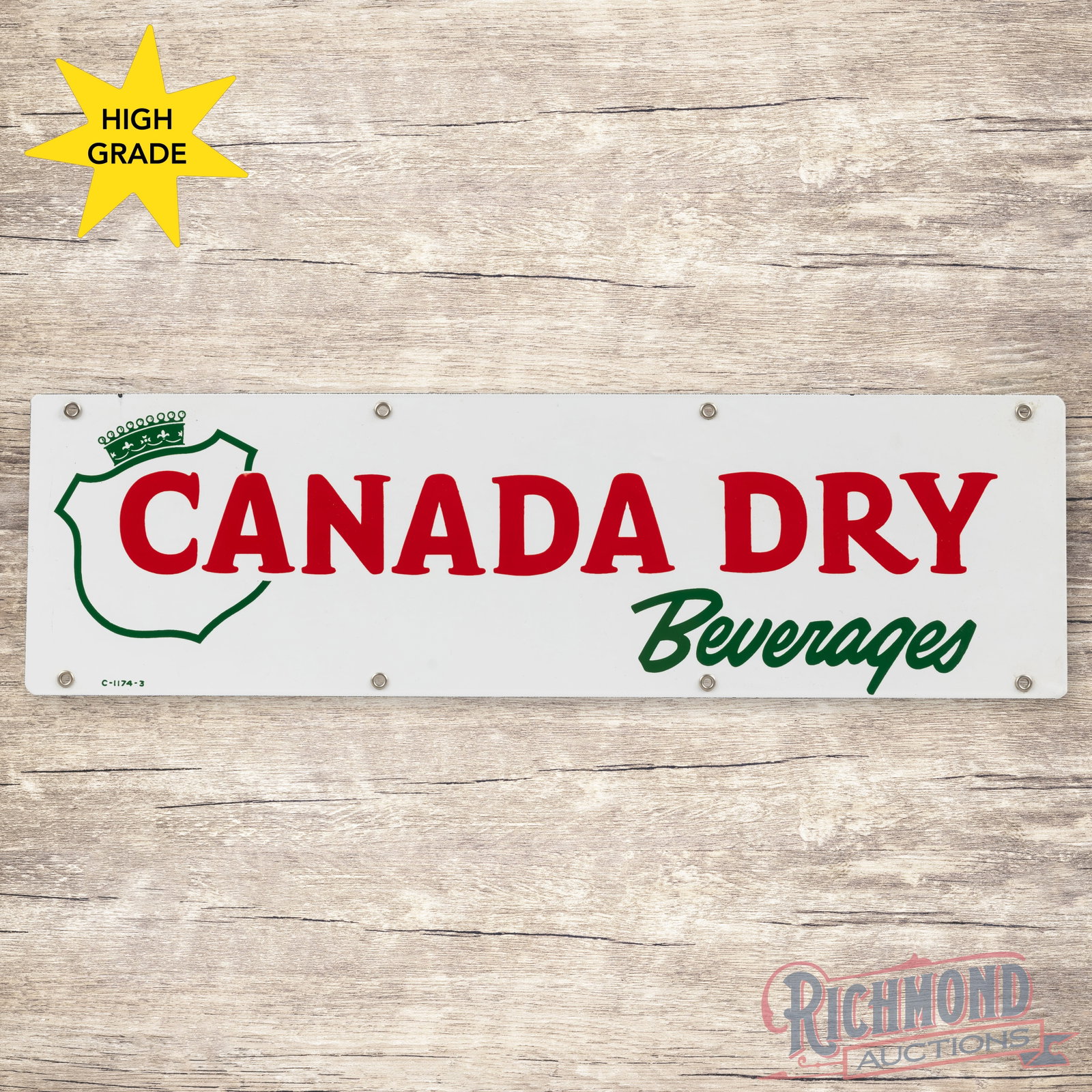 Canada Dry Beverages 24" Single Sided Porcelain Sign w/ Logo: SSP (single sided porcelain) sign has day one color and gloss. The field is clean. The perimeter has a tiny fine scratch on the lower left corner and two tiny factory flea bites along the upper edge. 