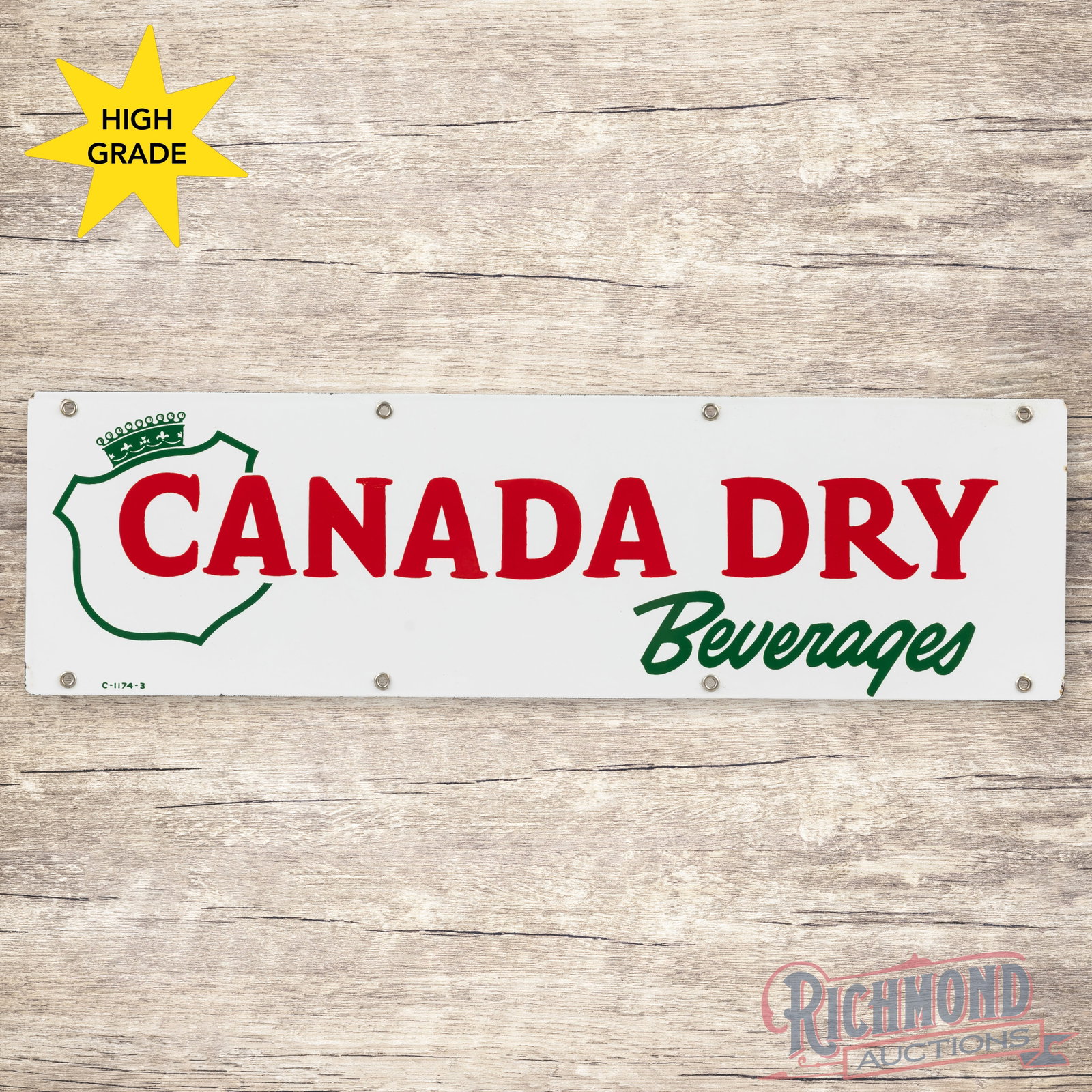 Canada Dry Beverages 24" Logo Sign: SSP (single sided porcelain) sign has day one color and gloss. The field is very clean overall with small fine scratches on the upper edge of the "N". The perimeter has tiny chips along the outer edge