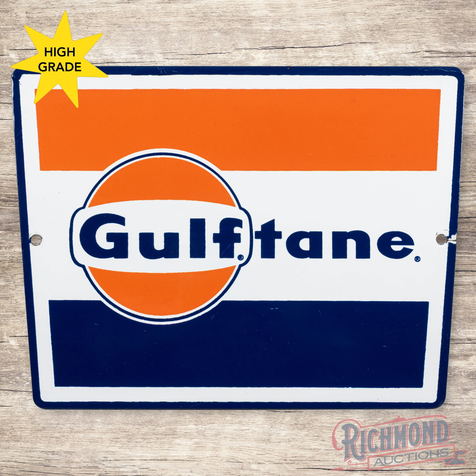 Gulftane Gasoline Single Sided Porcelain Pump Plate Sign w/ logo: SSP (single sided porcelain) sign has excellent color and gloss. The field is very clean overall with minor surface imperfections and a few tiny nicks. The perimeter has a small chip on the left hand 