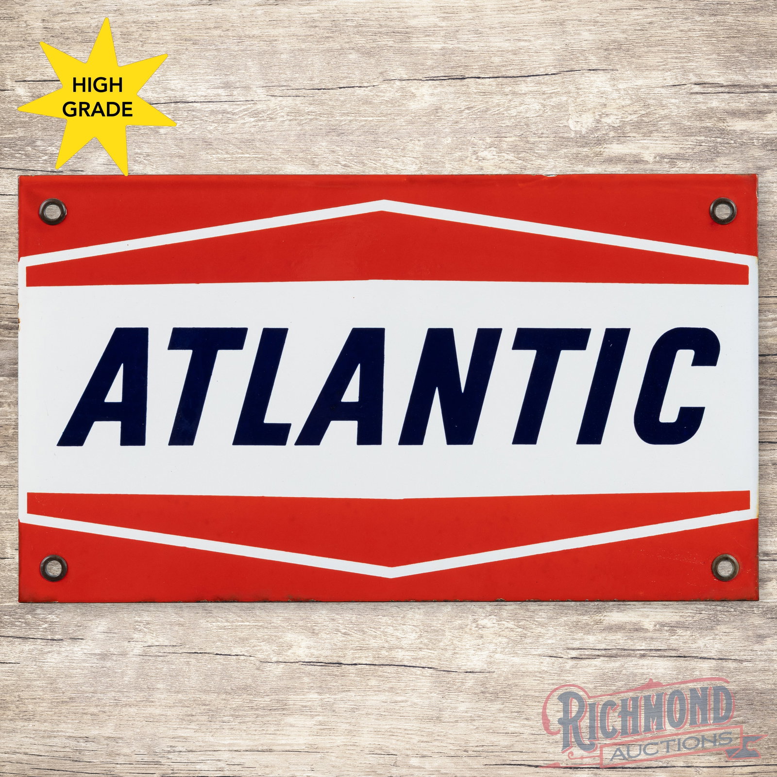 Atlantic Gasoline Single Sided Porcelain Pump Plate Sign: SSP (single sided porcelain) pump plate has very good color and gloss. The display is clean with faint cloudiness to the lettering. The perimeter has light edgewear with minor discoloration. All four 