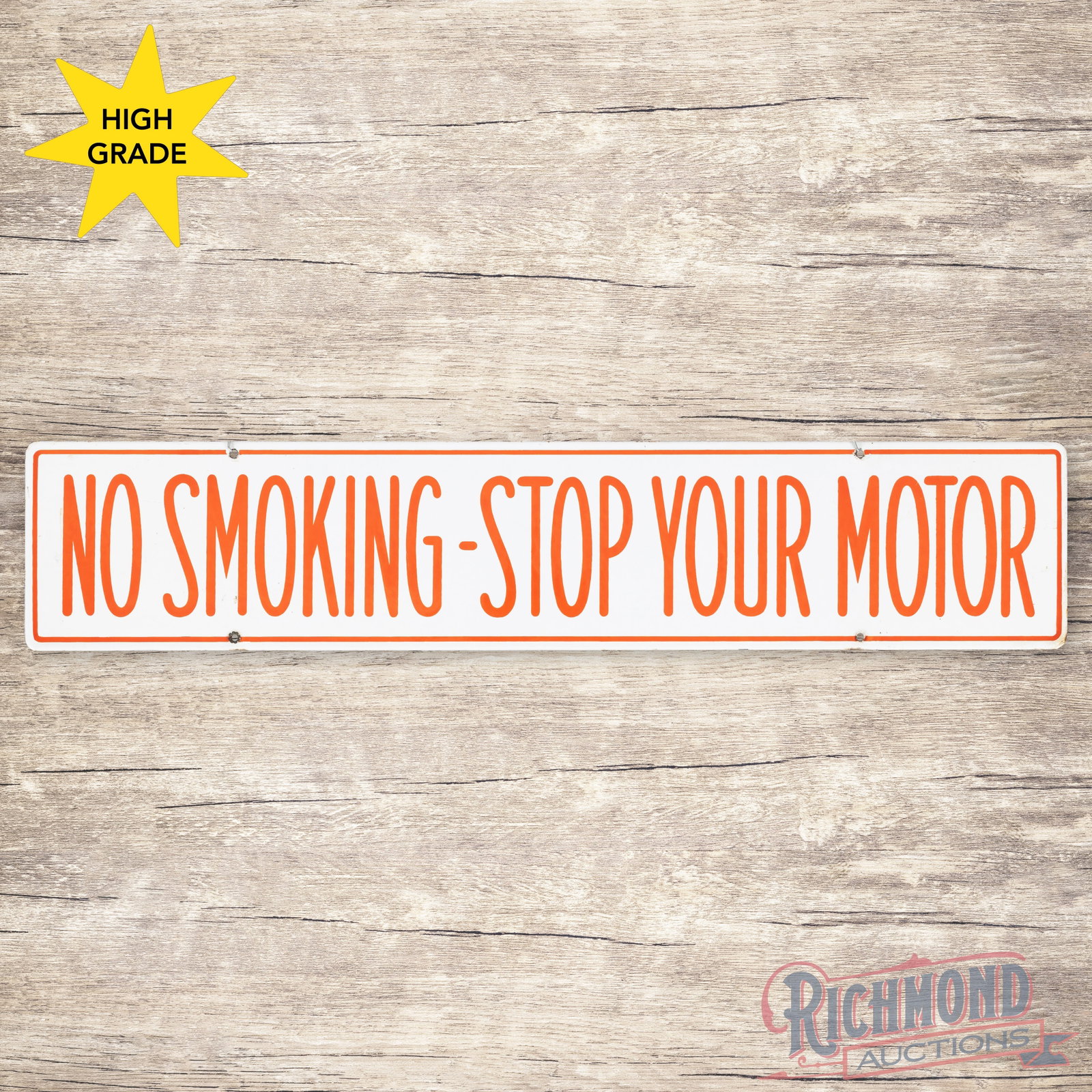 No Smoking Stop Your Motor 30" Double Sided Porcelain Service Station Sign: DSP (double sided porcelain) sign has excellent color and gloss. The fields are clean. The perimeter has minor wear at the mounting holes and edges. The reverse is in a similar condition with minor cr