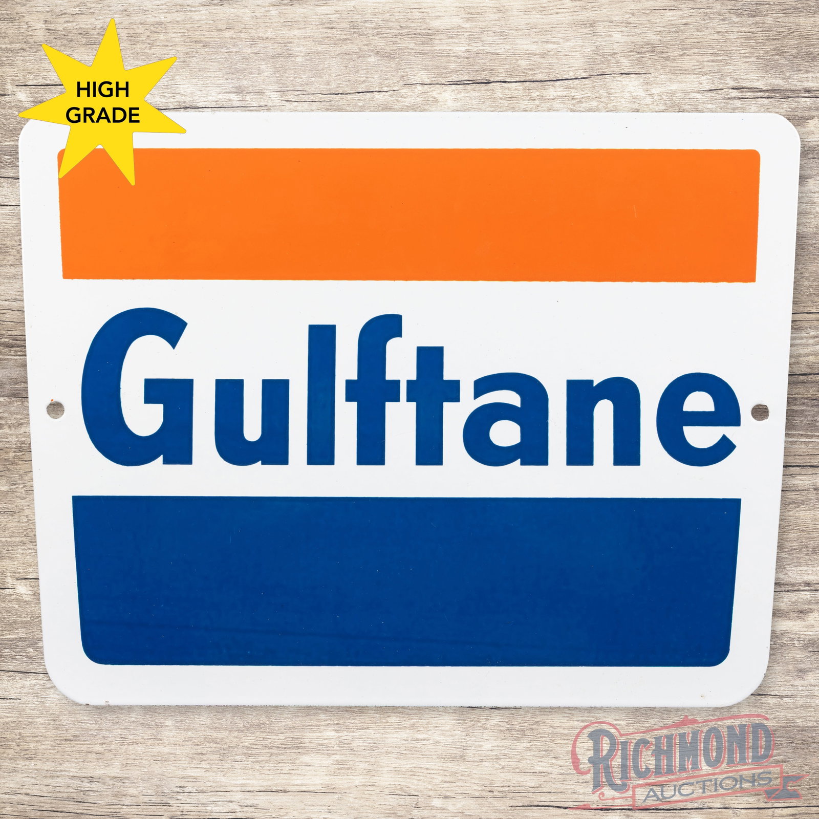 Gulftane Gasoline Single Sided Porcelain Pump Plate Sign: SSP (single sided porcelain) sign has excellent color and gloss. The field and perimeter are both exceptionally clean. Overall an outstanding example. 8.5" H X 11.25" W. Condition: 9.5 All items are g