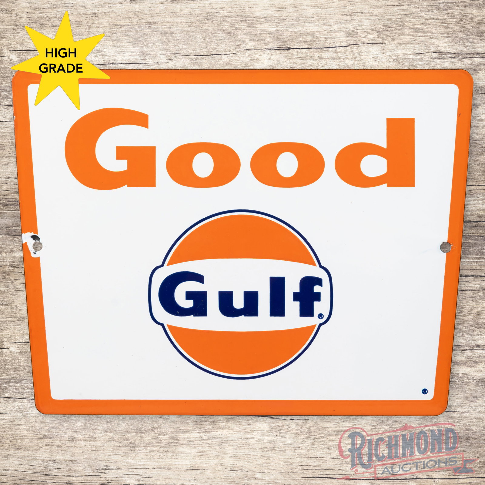 Good Gulf Gasoline Single Sided Porcelain Pump Plate Logo Sign: SSP (single sided porcelain) sign has excellent color and gloss. The field is clean. The perimeter has a chip at the left hand mounting hole. It displays very well overall. 8.5" H X 11.25" W. Conditio
