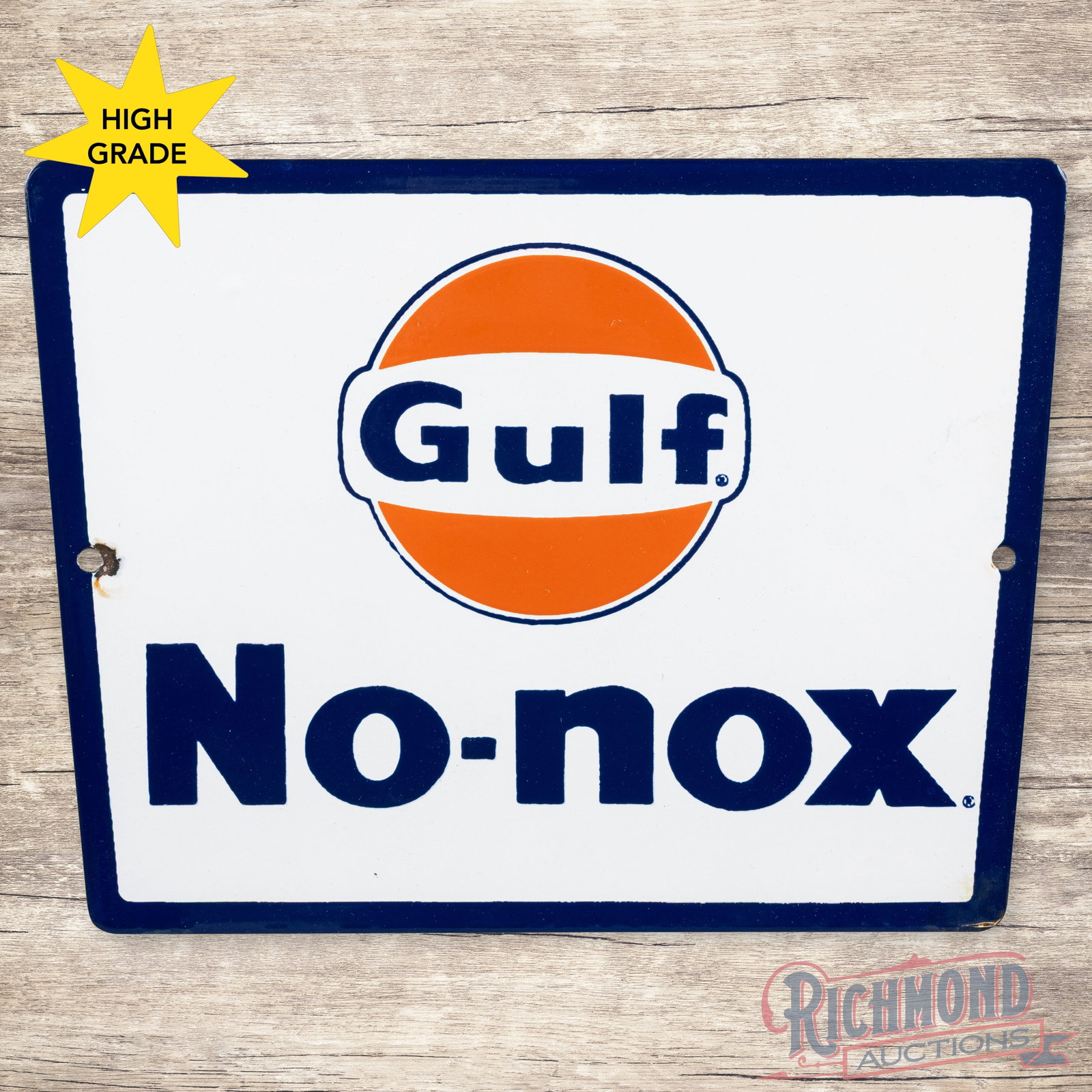 Gulf No-Nox Gasoline Single Sided Porcelain Pump Plate Sign w/ Logo: SSP (single sided porcelain) pump plate has excellent color and gloss. The fields are clean. The perimeter has a small chip at the left hand mounting hole and a minor chip on the lower right edge. Ove