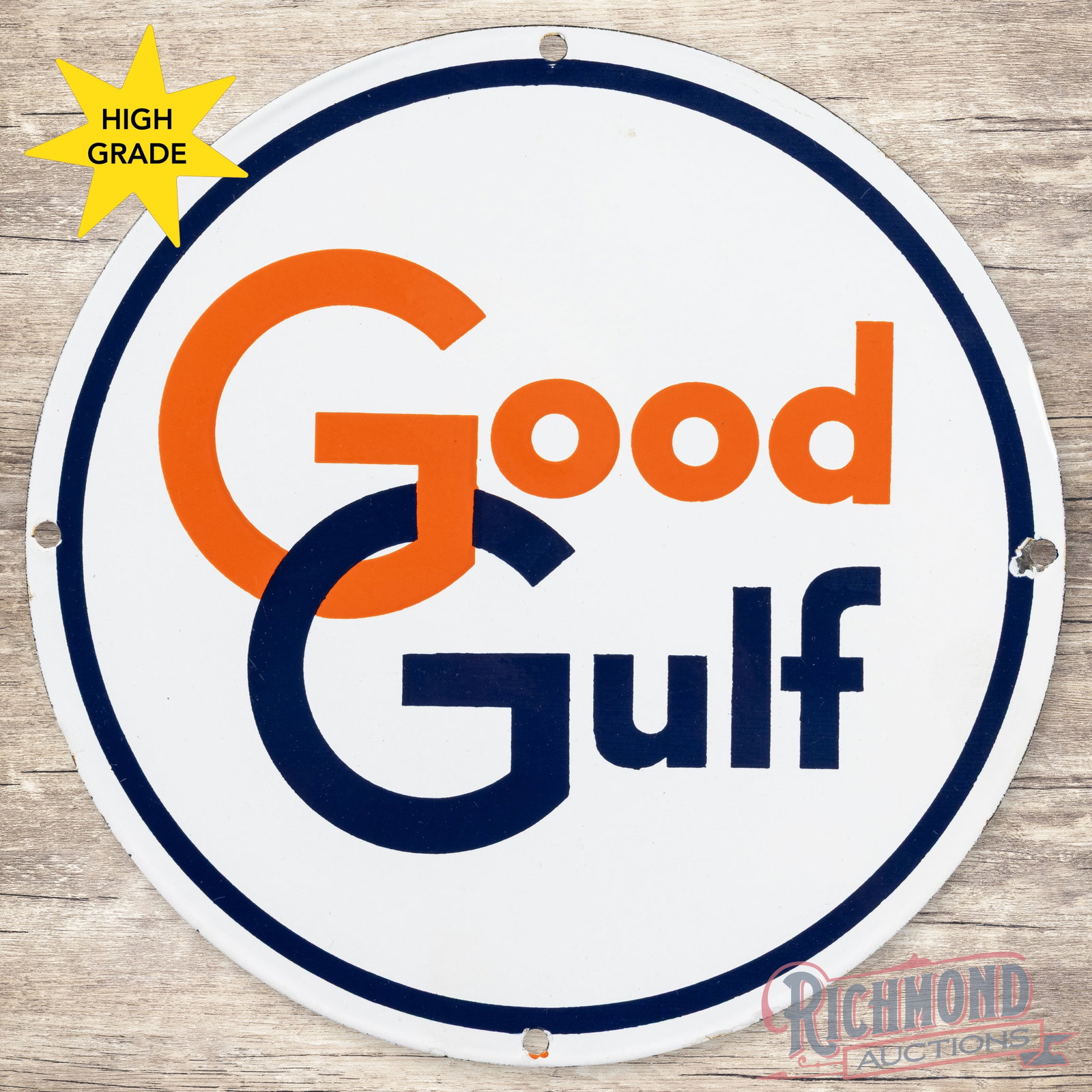Good Gulf Gasoline Single Sided Porcelain Pump Plate Sign: SSP (single sided porcelain) pump plate has excellent color and gloss. The fields are clean. The perimeter has a small chip at the right hand mounting hole and tiny flakes on the edge at 5 o'clock. Th