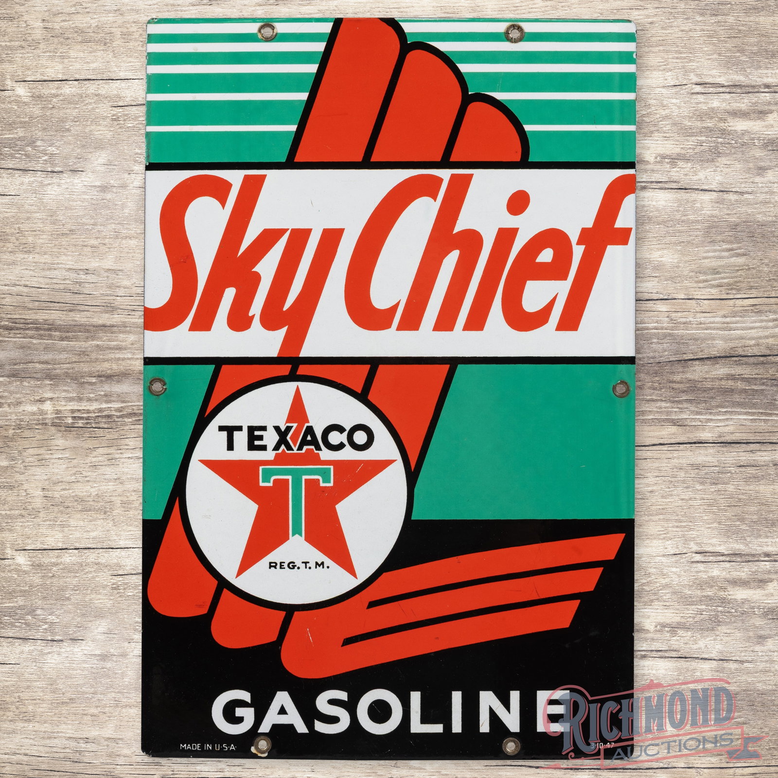 1947 Texaco Sky Chief Gasoline Single Sided Porcelain Pump Plate Sign: SSP (single sided porcelain) pump plate has excellent color and gloss. The display has light wear with scuffs and fine scratches in the logo and the lower fields. The perimeter has a small chip at the