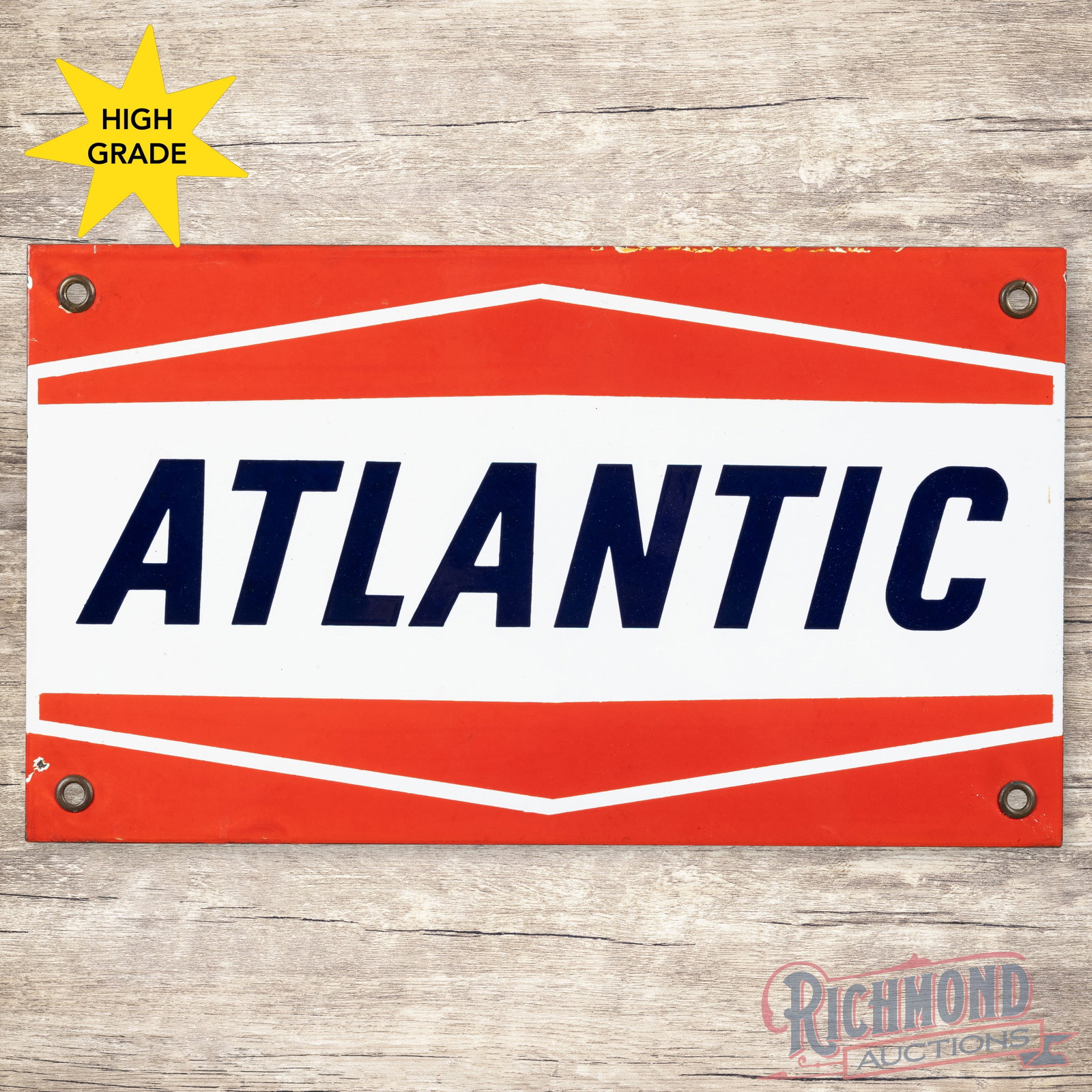 Atlantic Gasoline Single Sided Porcelain Pump Plate Sign: SSP (single sided porcelain) sign has excellent color and gloss. The field is clean. The perimeter has tiny chips on the left and upper edges. All four factory grommets are present. 7.5" H X 13" W. Co