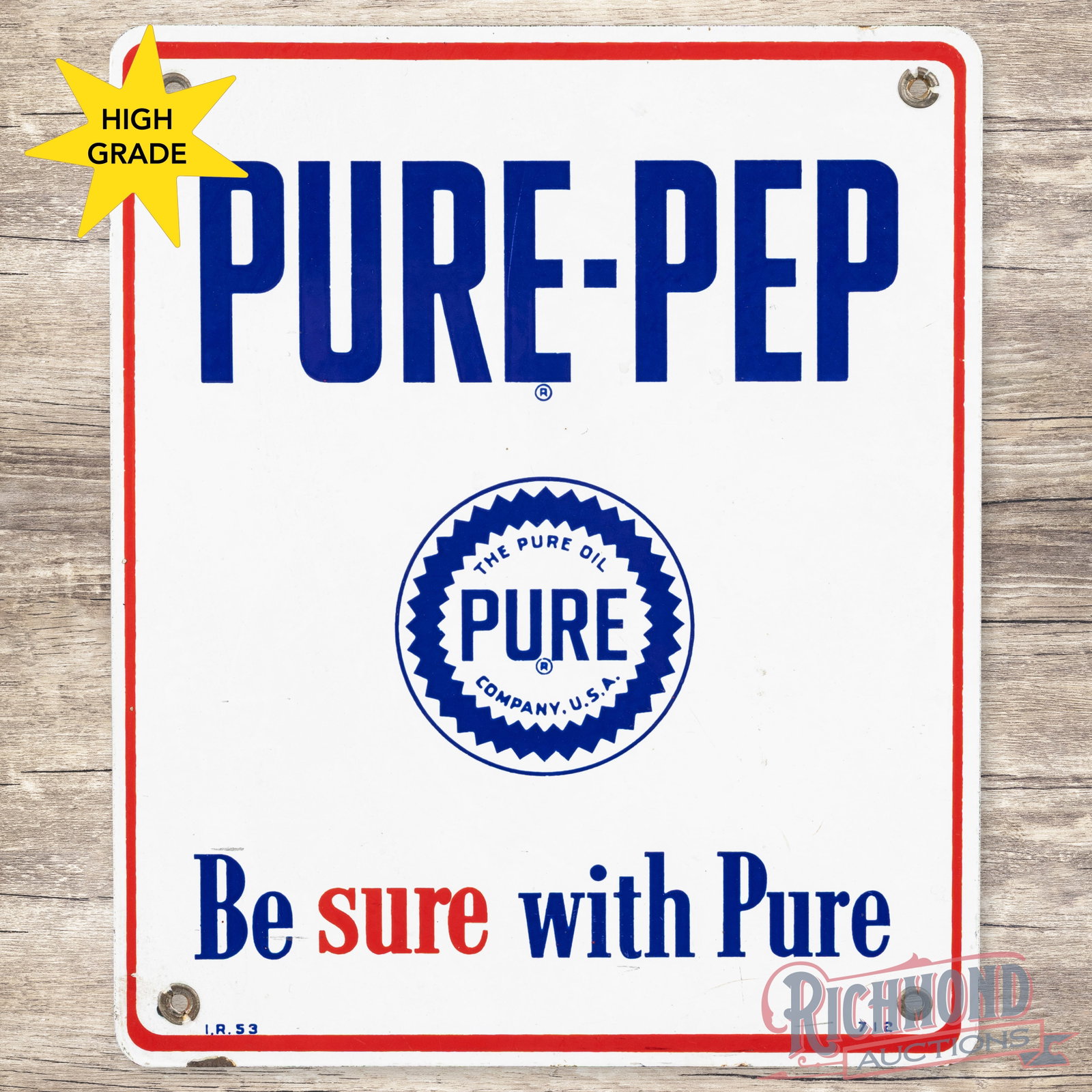 Pure-Pep Gasoline Be Sure with Pure Gasoline Single Sided Porcelain Pump Plate Sign w/ Logo: SSP (single sided porcelain) pump plate has excellent color and gloss. The field has light surface wear with marks in the lower outer fields. The perimeter has minor chips along the outer edges. All f