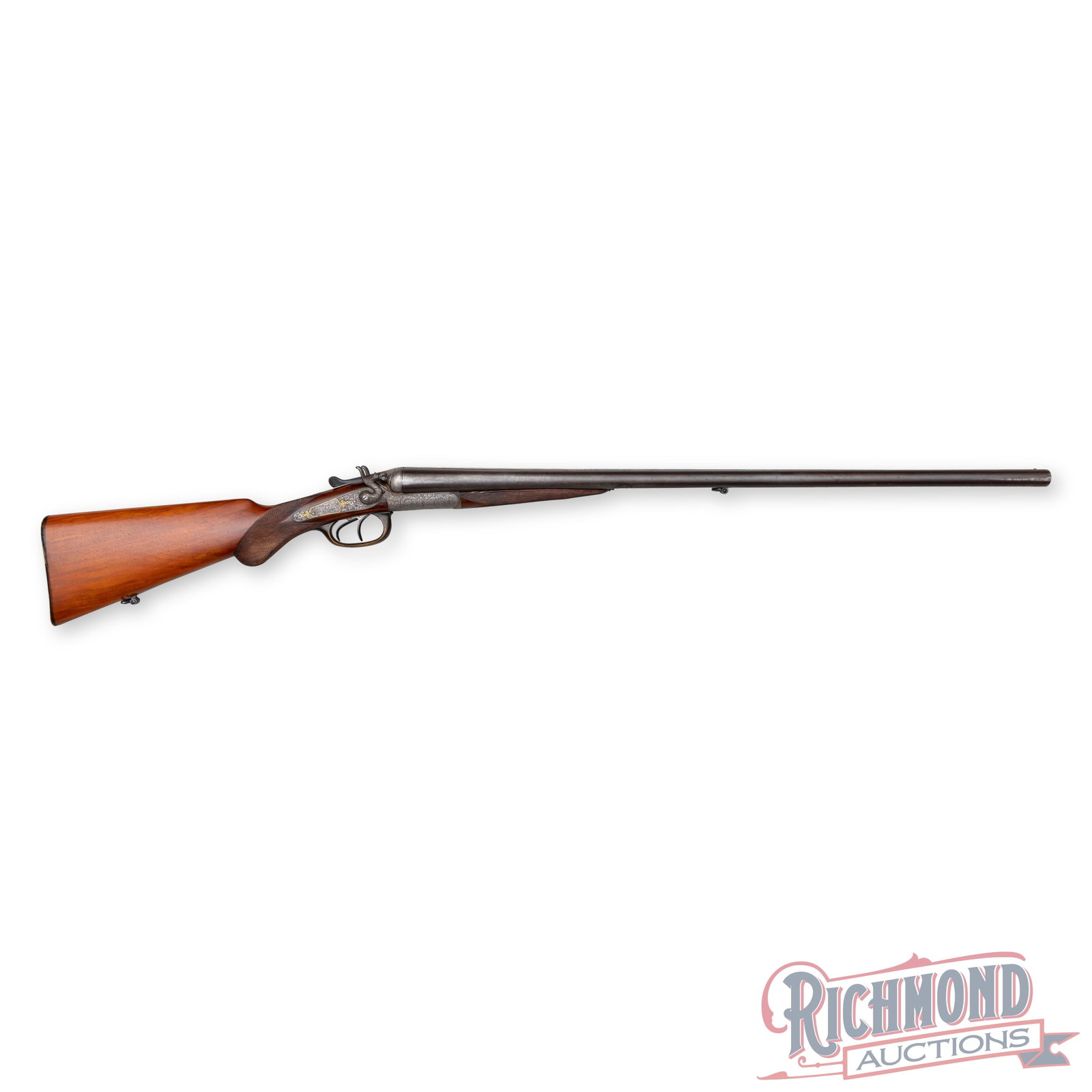 Engraved & Gold Inlaid German Gebruder Damm Double Barrel 12 Gauge Sidelock Shotgun: This detailed shotgun features 29-1/2" round solid concave rib SxS barrels, choked modified and cylinder with 2-3/4" chambers. Top of the rib stamped "GEBR. DAMM ELBERFELD". Brass bead single front si