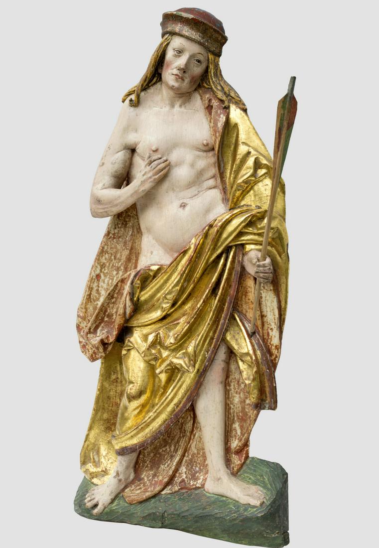 Jörg Lederer, Saint Sebastian, ca. 1513: JÖRG LEDERER Füssen 1470 - 1550 Kaufbeuren Saint Sebastian 1513 Linden wood carved in high relief Original, polychrome set and gilded Height: 54 cm Literature: Theodor Müller & Alfred Schädler "J�