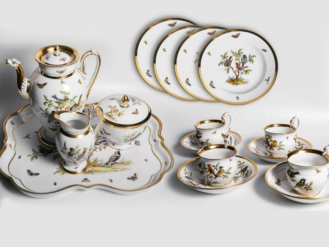 Meissen coffee service with bird motive, 19th c.: Meissen coffee service with bird motive 19th century Meissen porcelain, colorfully painted with bird motives On the bottom blue sword mark Painter's and bosser's marks: see pictures Service for four p