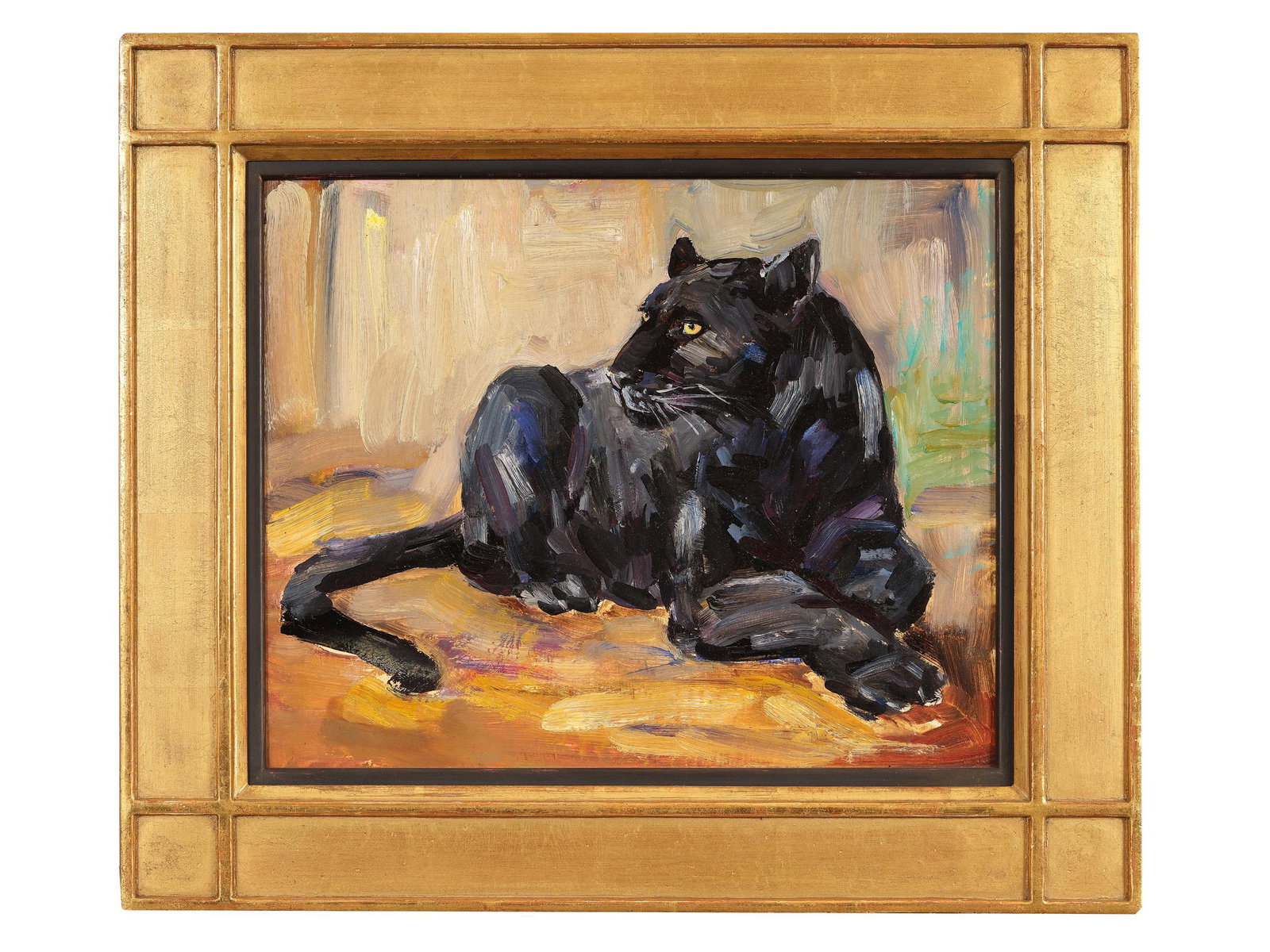 Carl Fahringer, 1822 - 1872: Carl Fahringer Wiener Neustadt 1874 - 1952 Vienna, attributed â€žPantherâ€œ Oil on cardboard 25,5 x 31 cm, with frame 36 x 42 cm Inscribed on the reverse: C. Fahringer