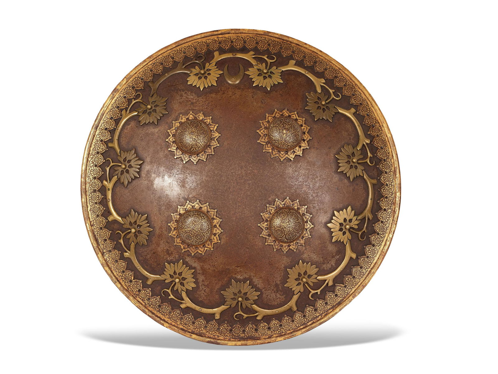 Round shield, Indo-Persian: Round shieldIndo-PersianIron with bronze applications, partially gildedVery fine work of an oriental armorerDiameter 36.5 cm