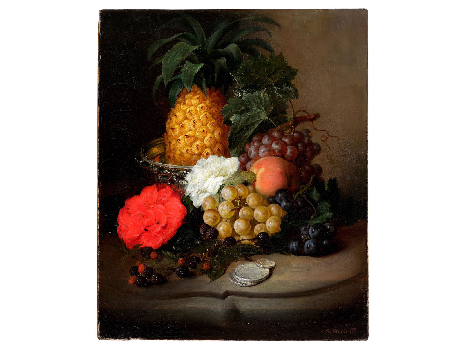 Friedrich Sturm,  Vienna 1822 - 1898 Weissenbach,  Still life with pineapple, fruits, rose & silver (1 of 5)