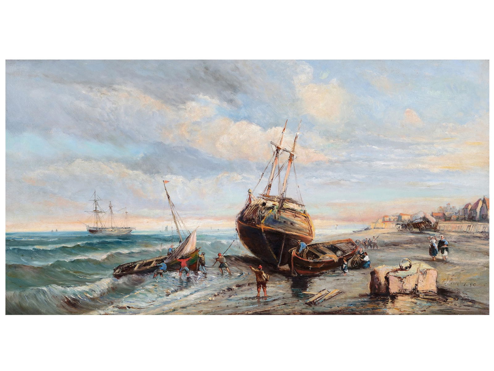 Jean Baptiste Olive, France 1848 - 1936, Coastal Landscape: Jean Baptiste OliveFrance 1848 - 1936"Coastal Landscape"Oil on Canvas35 x 65 cm, with frame 49 x 78,5 cmSigned & dated 1890 b.r.