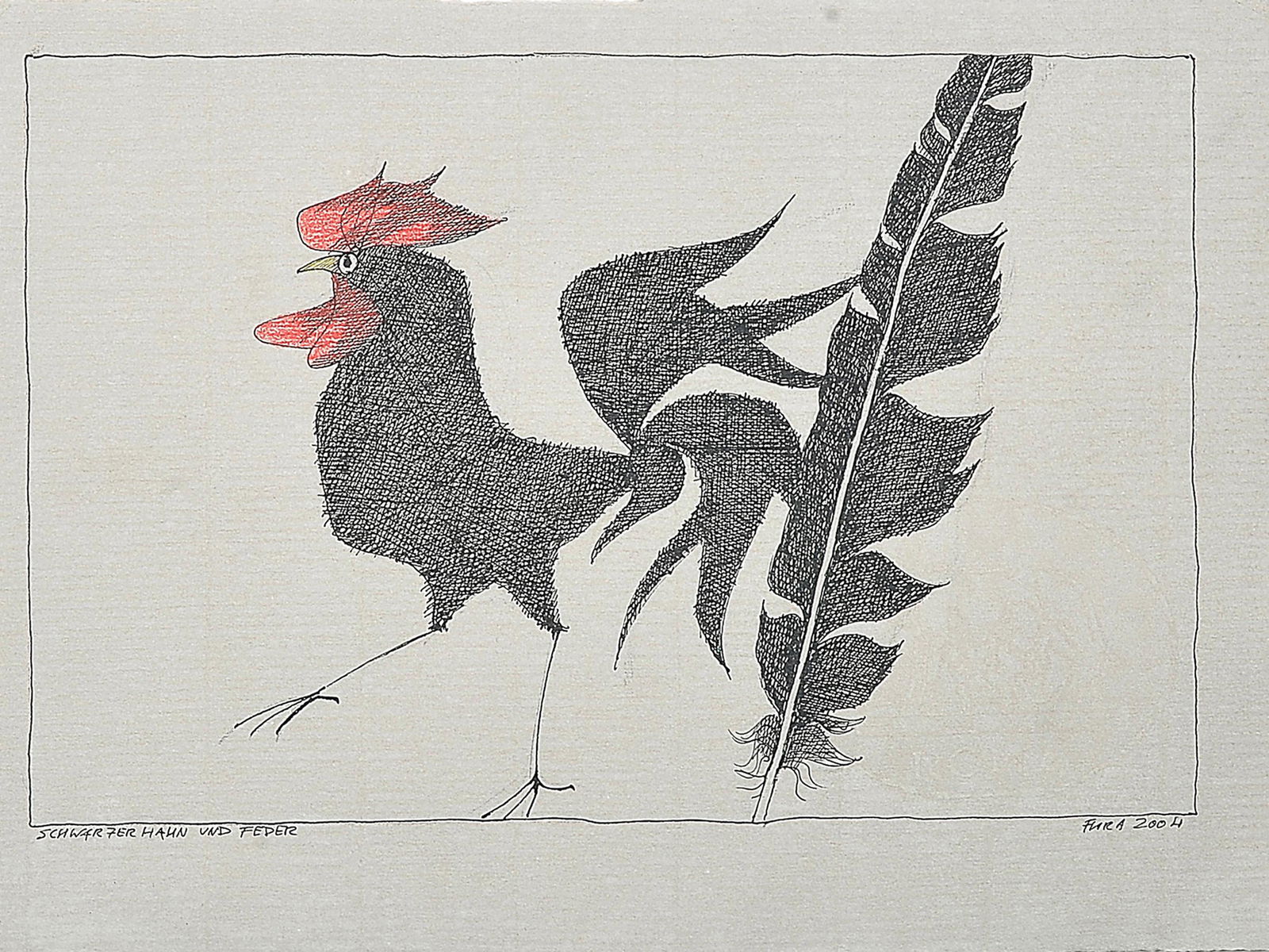 Paul Flora,  Glurns 1922 - 2009 Innsbruck,  Black rooster and feather (1 of 6)