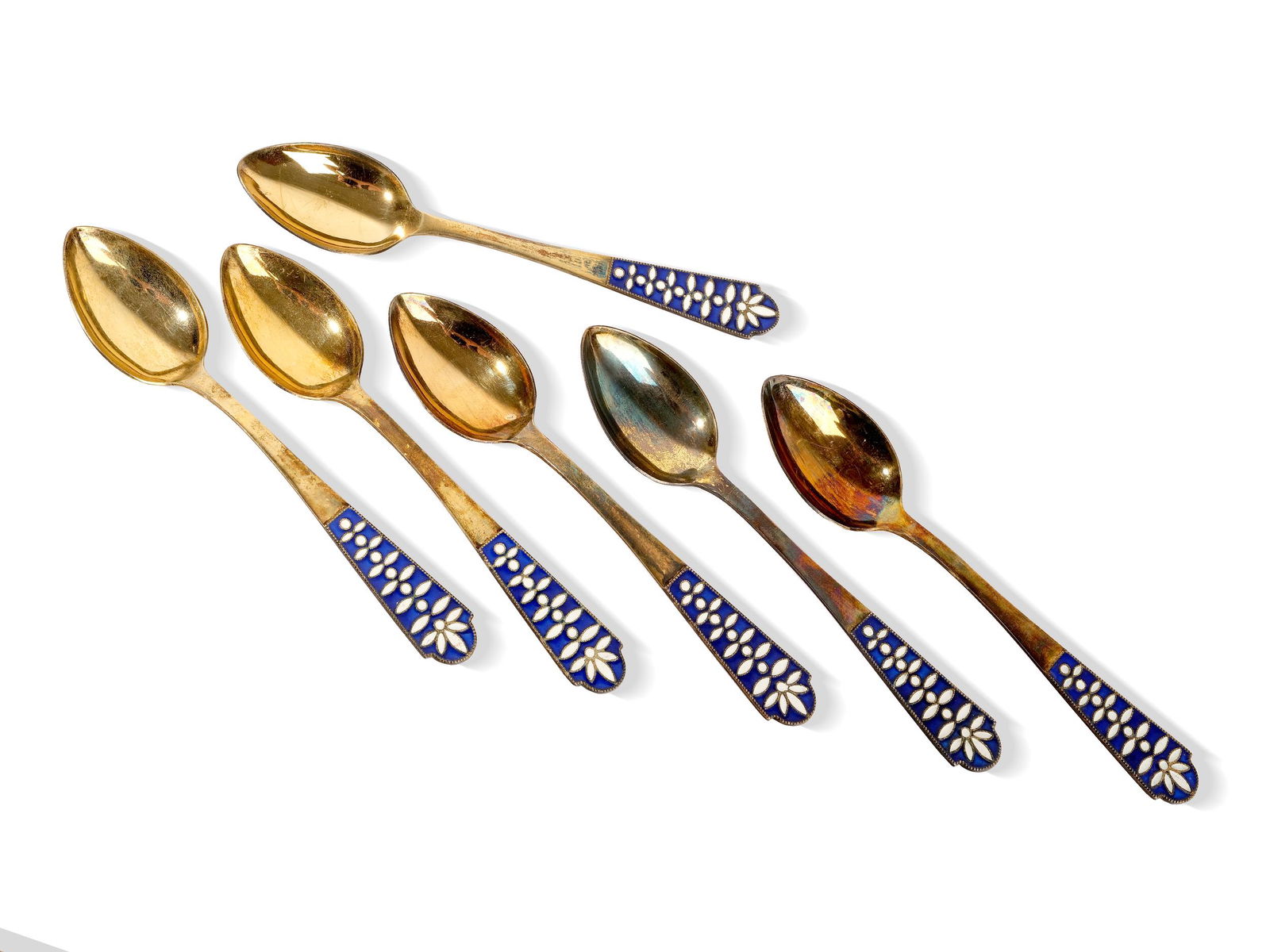 Six silver spoons decorated with enamel,  Ca. 1900,  Marked (1 of 3)